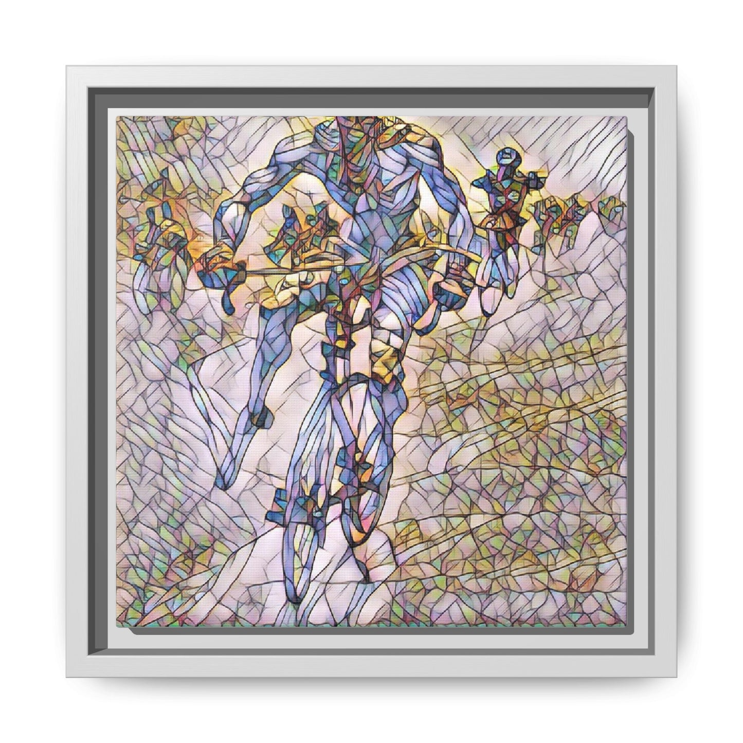 Abstract Cyclist Matte Canvas Framed Art — Colorful Stained-Glass Bike Print
