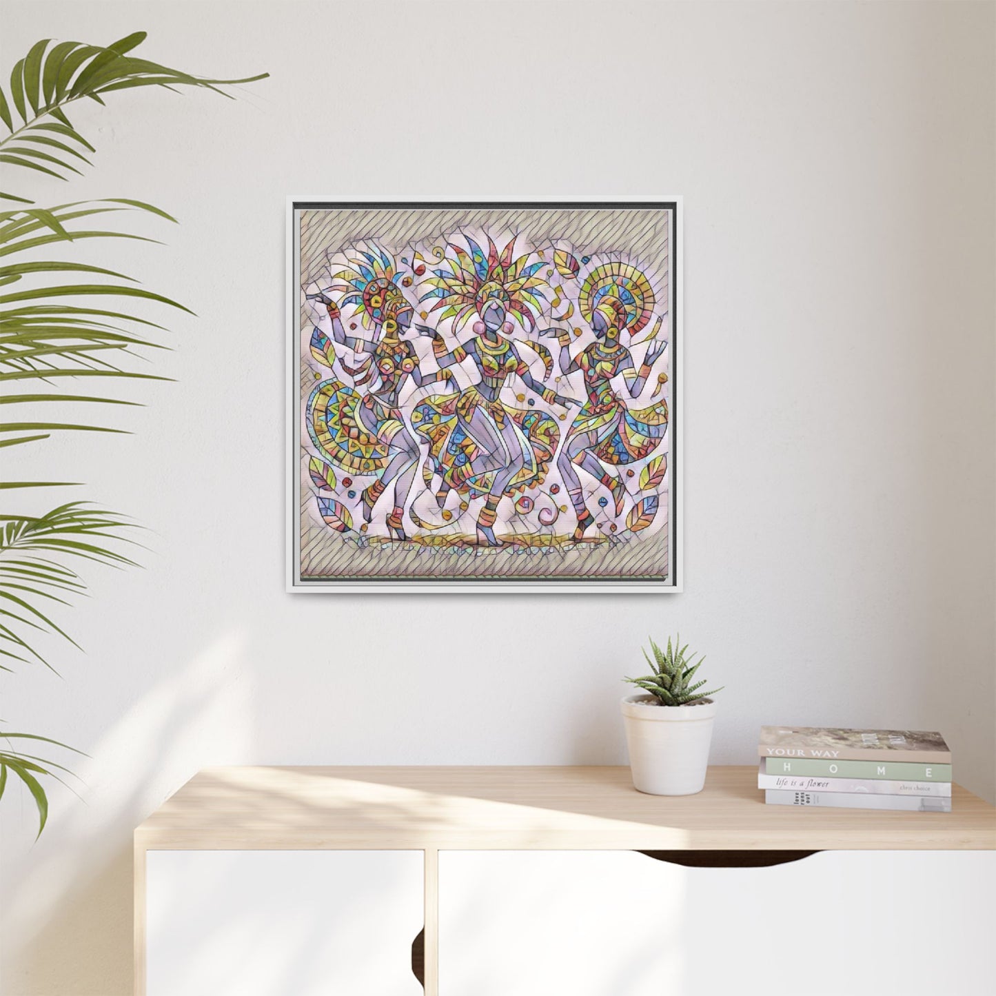 Colorful Carnival Dancers Framed Canvas Art — Multicolor Tribal Celebration Print