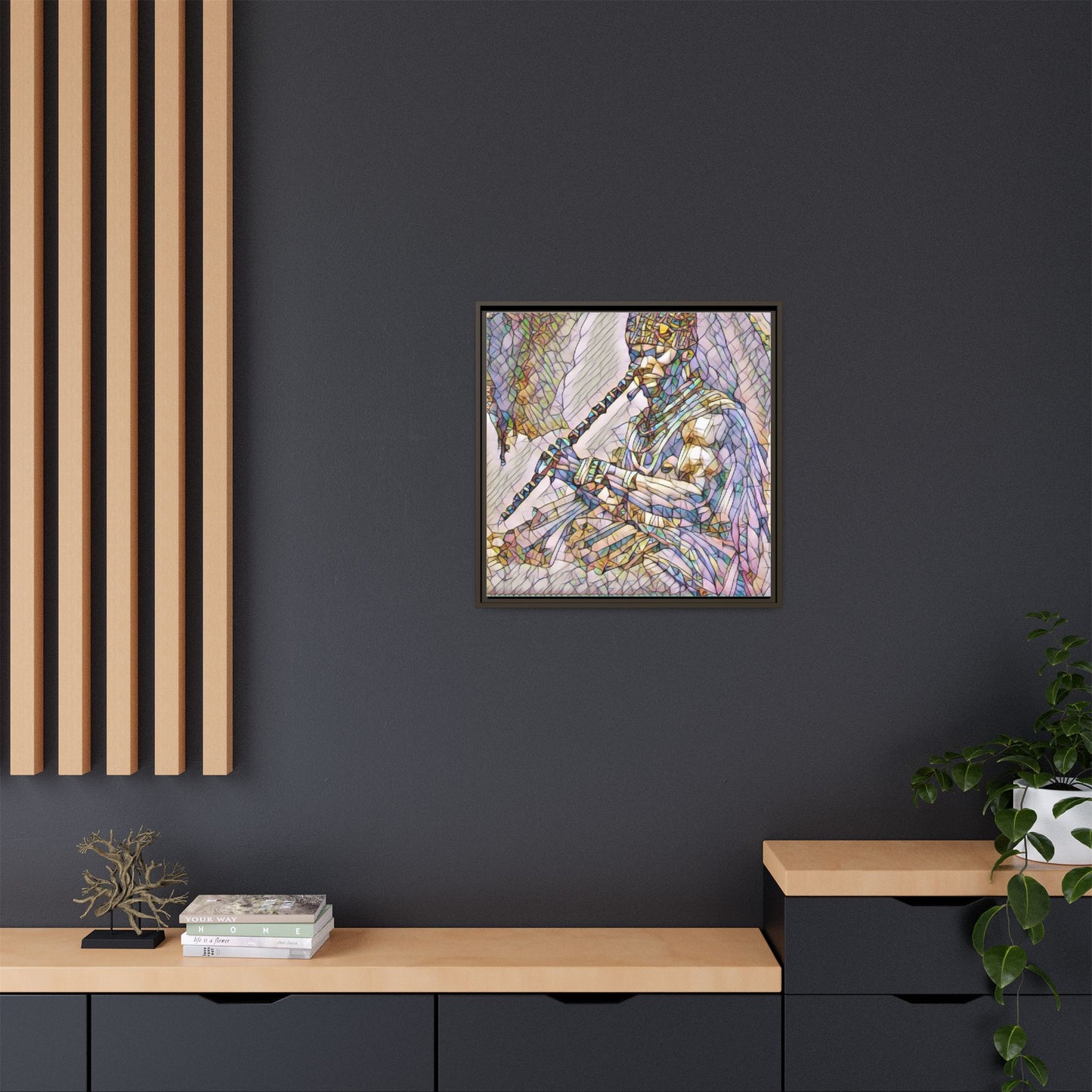 Tribal Flute Musician Stained-Glass Framed Canvas Art