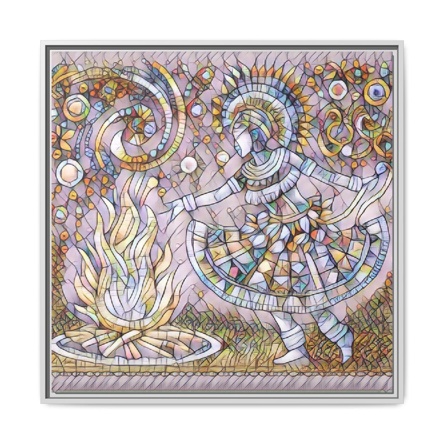 Bohemian Fire Dancer Framed Canvas Art — Colorful Folk Mosaic Wall Decor