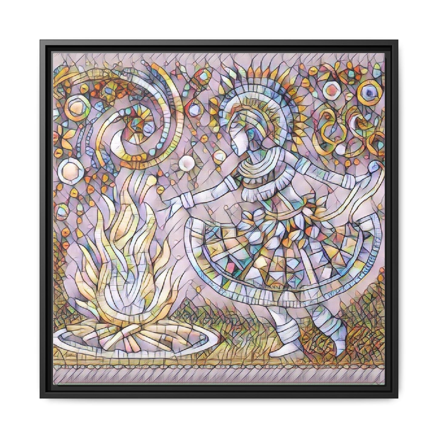 Bohemian Fire Dancer Framed Canvas Art — Colorful Folk Mosaic Wall Decor