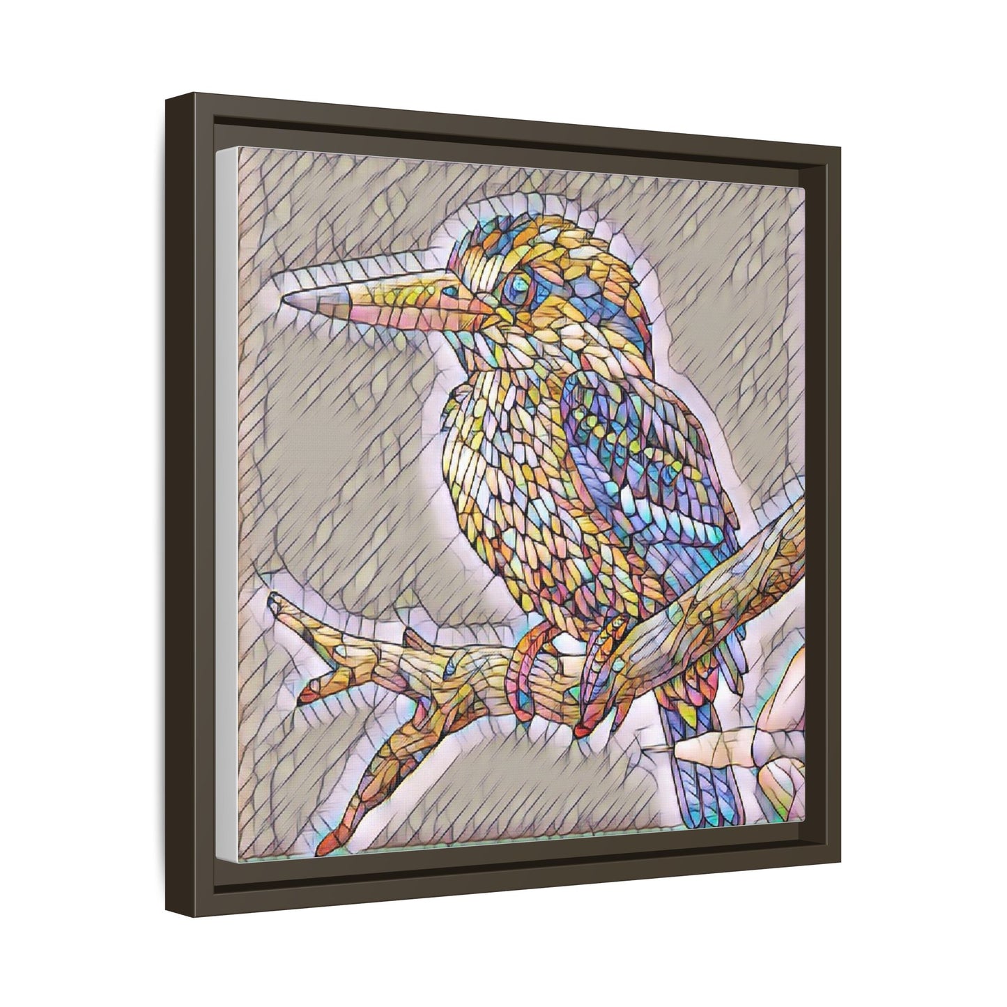 Colorful Kingfisher Framed Canvas Wall Art — Stained-Glass Style Bird Print