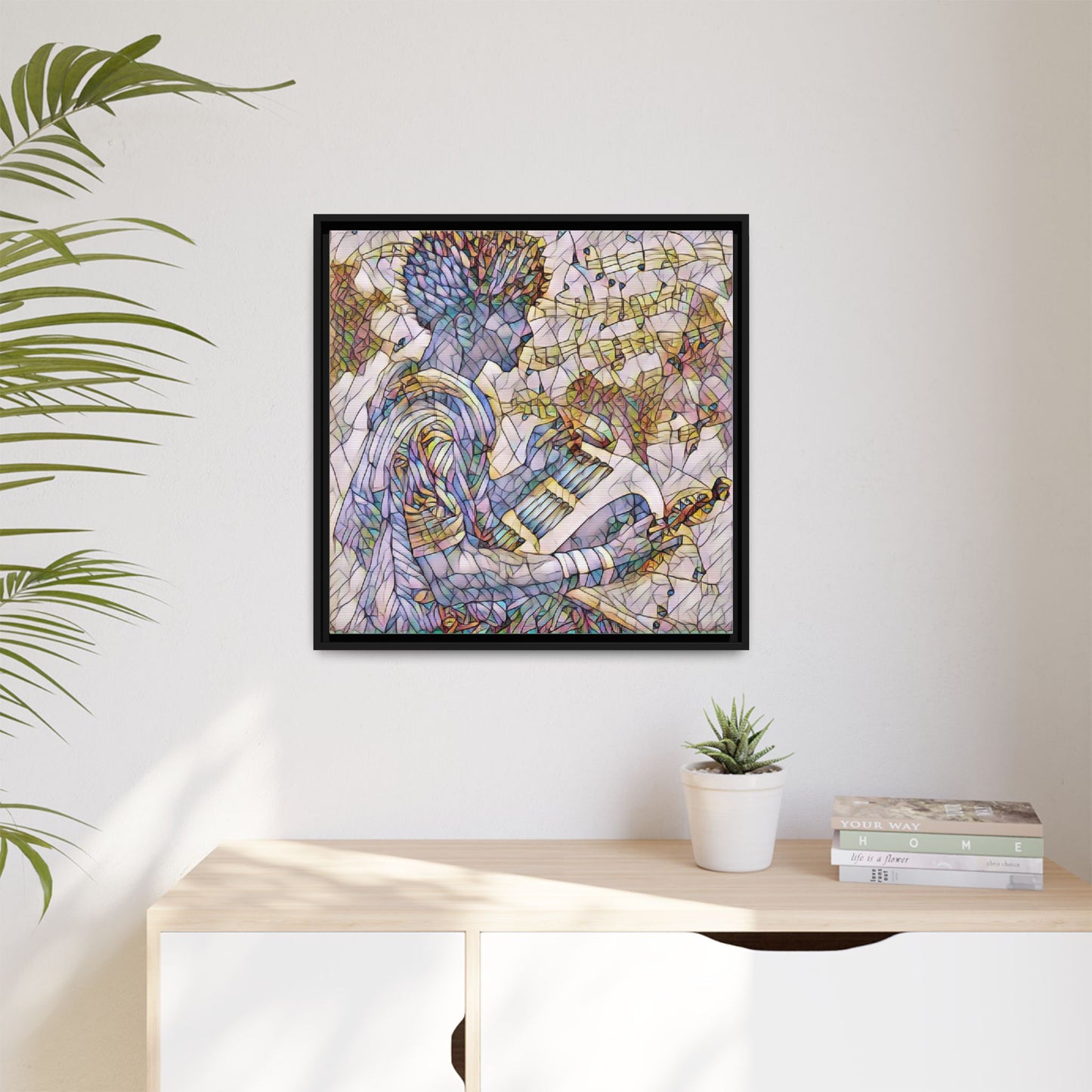 Abstract Jazz Musician Framed Canvas Art — Colorful Stained-Glass Style Wall Decor