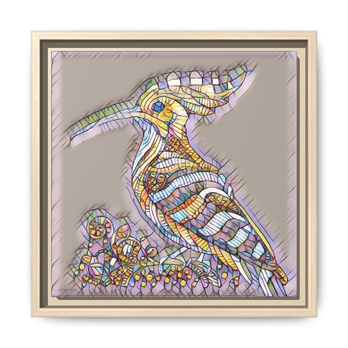 Colorful Mosaic Bird Framed Canvas Art — Whimsical Hoopoe Wall Decor