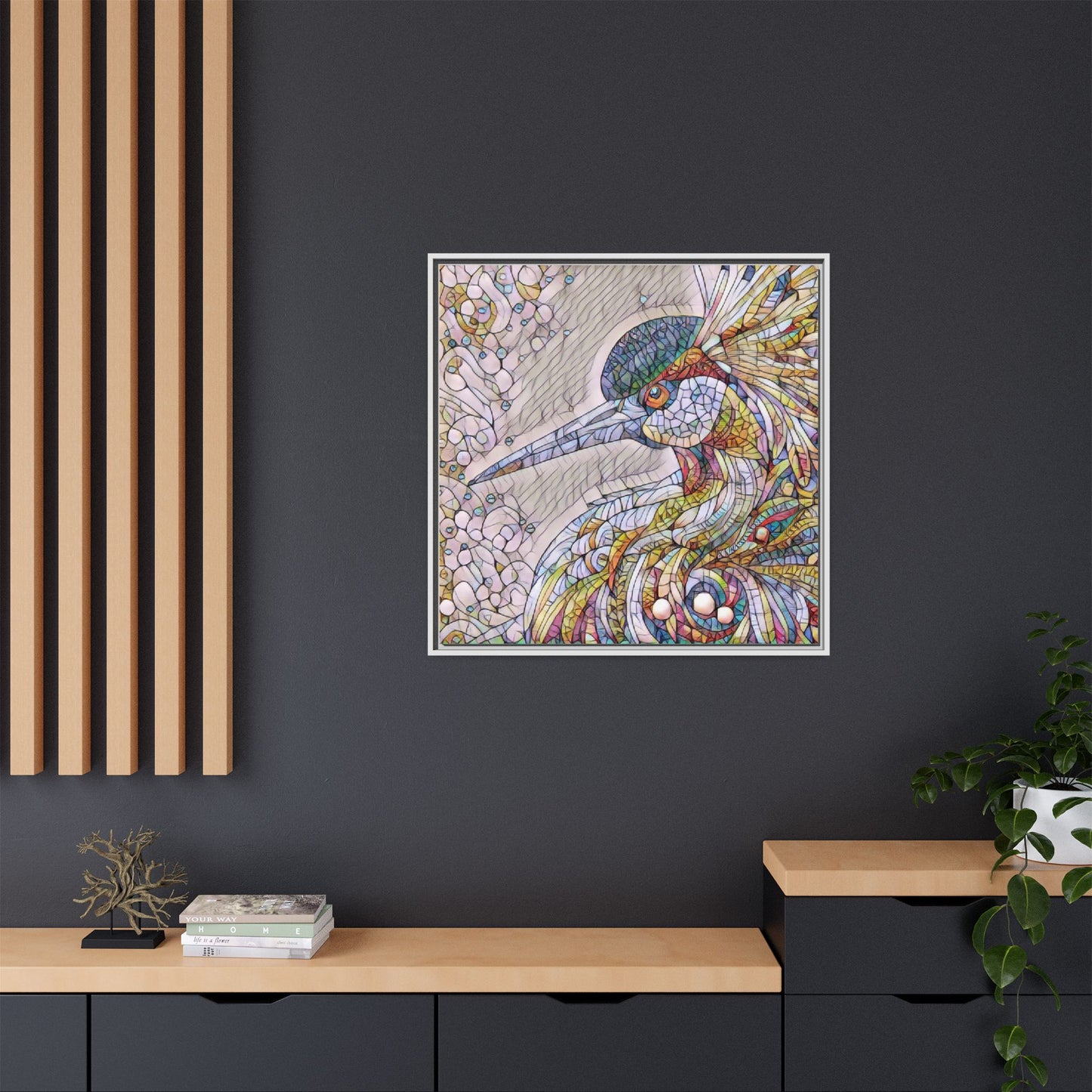Colorful Stained-Glass Heron Matte Canvas Framed Wall Art