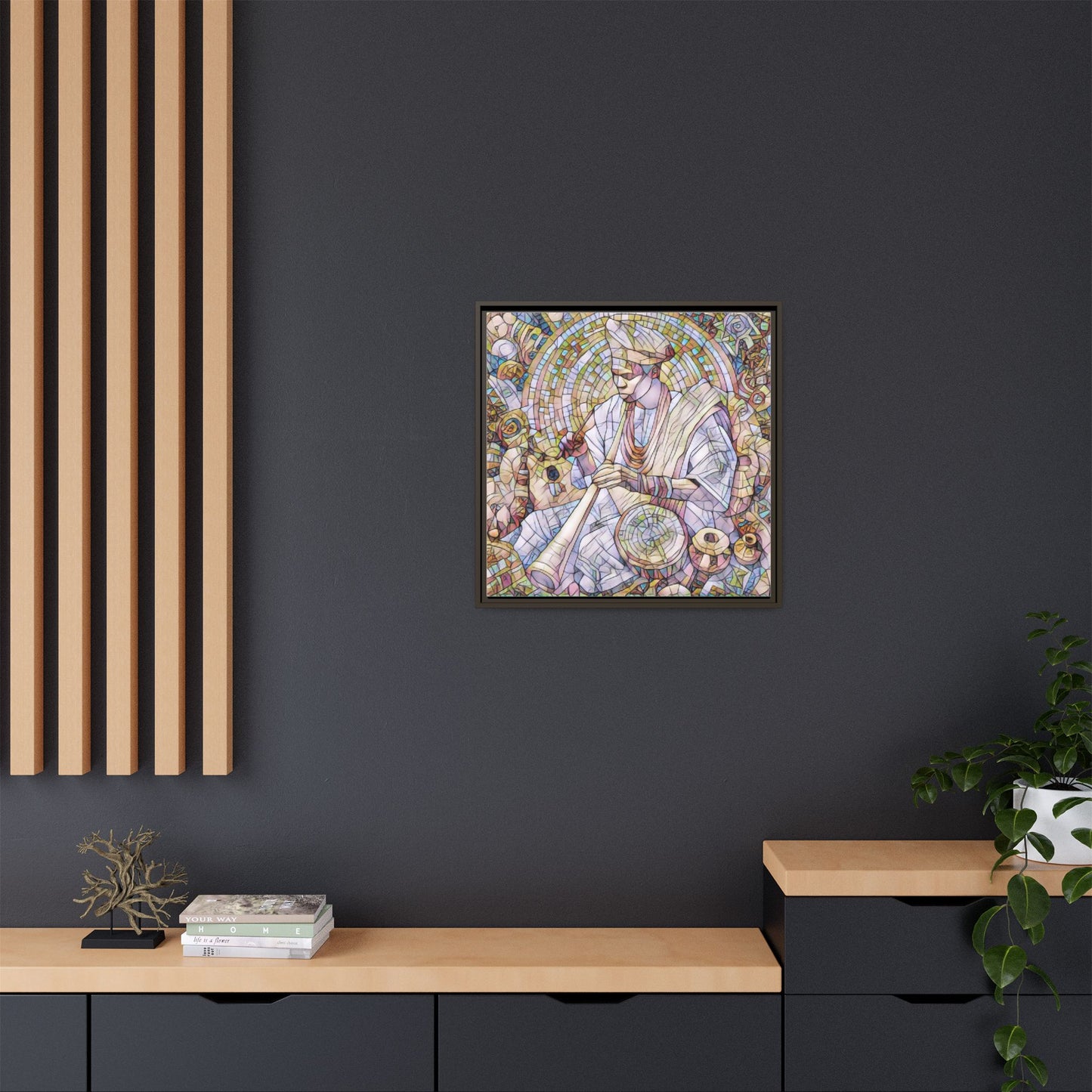 Framed Matte Canvas Print — African Drummer Mosaic Art