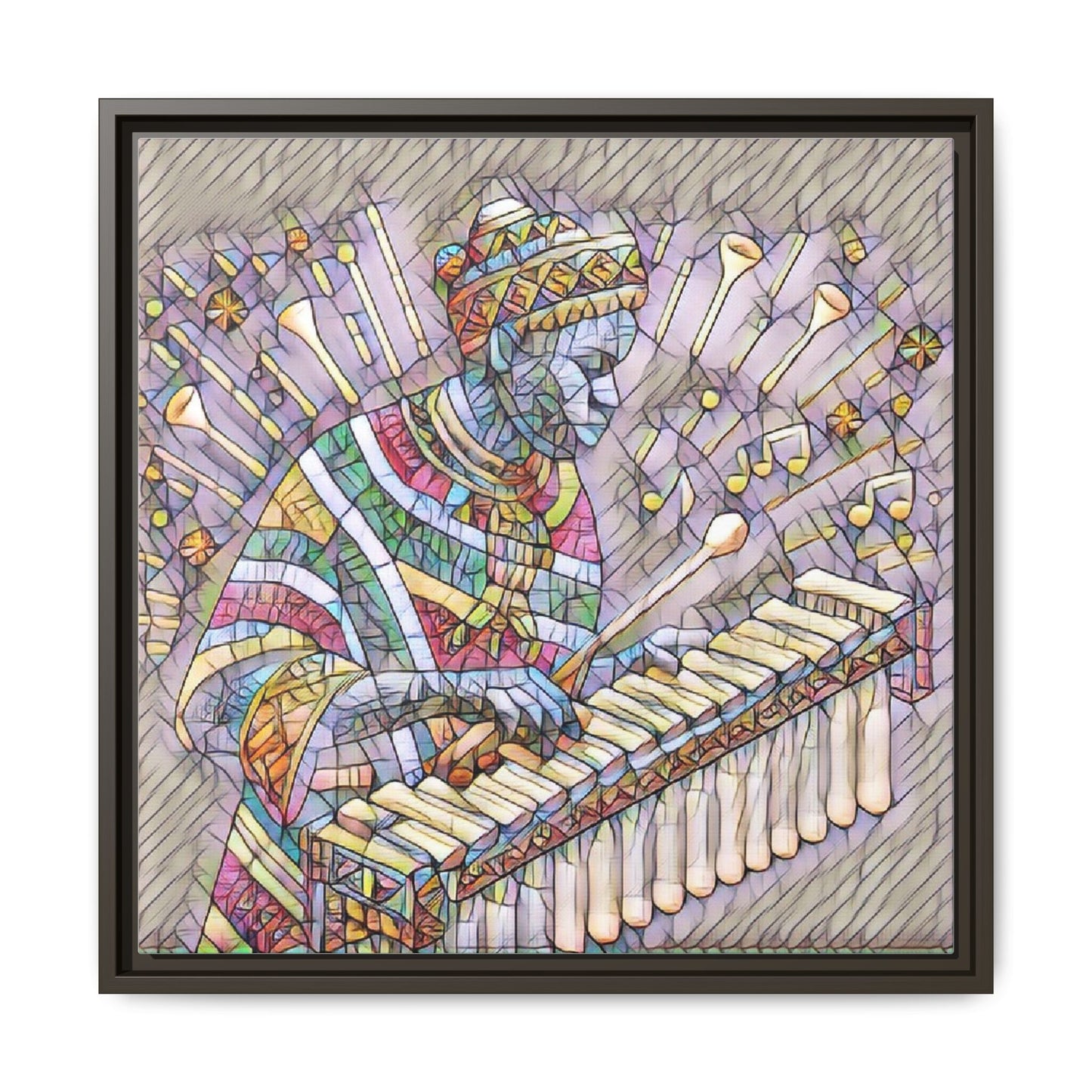 Colorful Marimba Musician Matte Framed Canvas — Vibrant African Instrument Wall Art