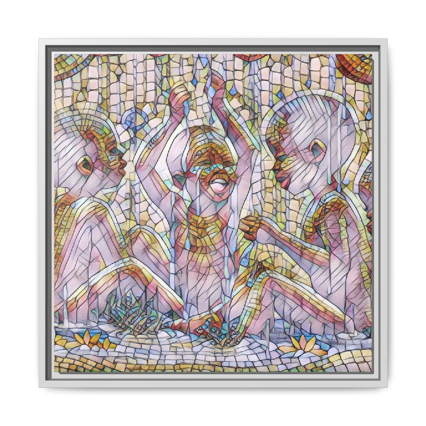 Framed Matte Canvas Art — Mosaic Children Playing (Multicolor)