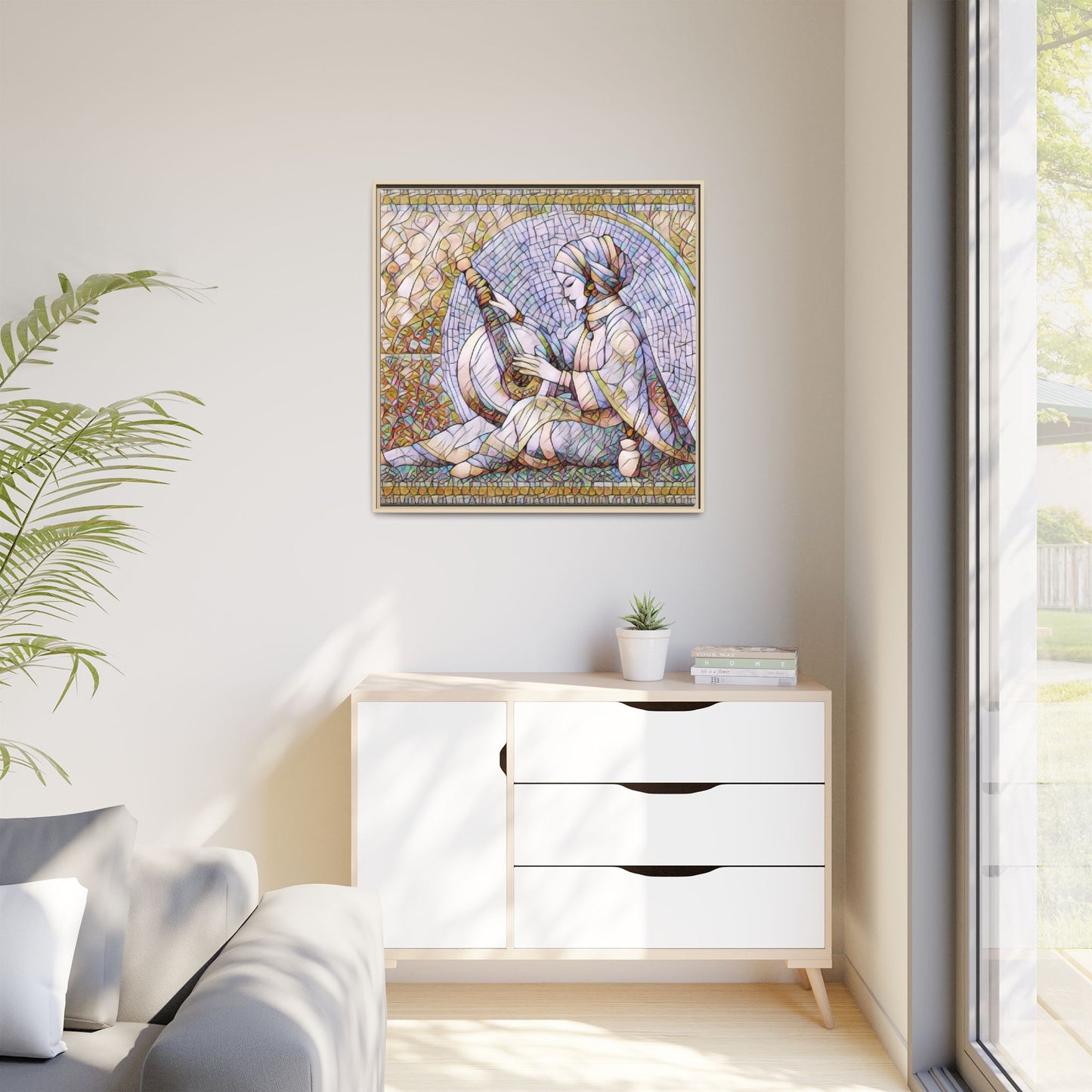 Framed Matte Canvas: Mosaic Lute Player Wall Art — Bohemian Musical Portrait
