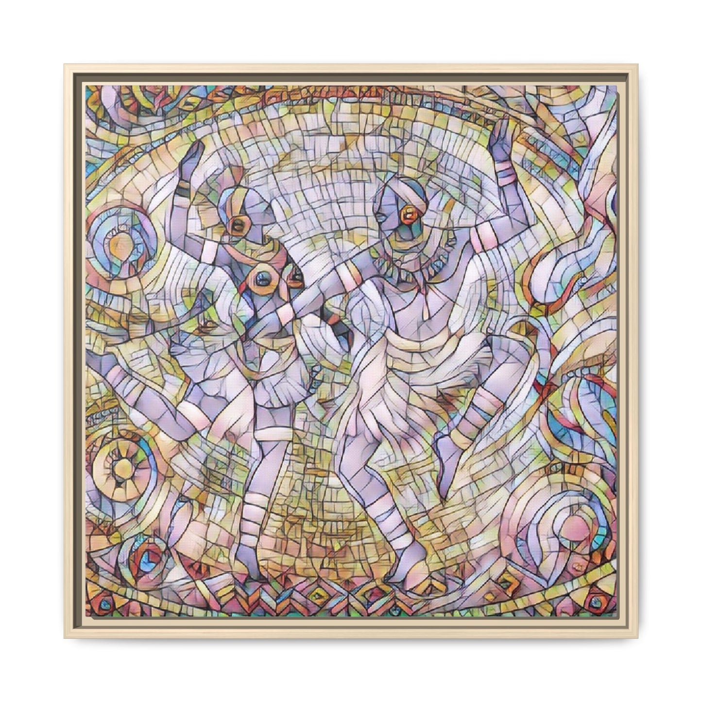Abstract Dancers Matte Framed Canvas Wall Art — Multi‑Color Stained Glass Style