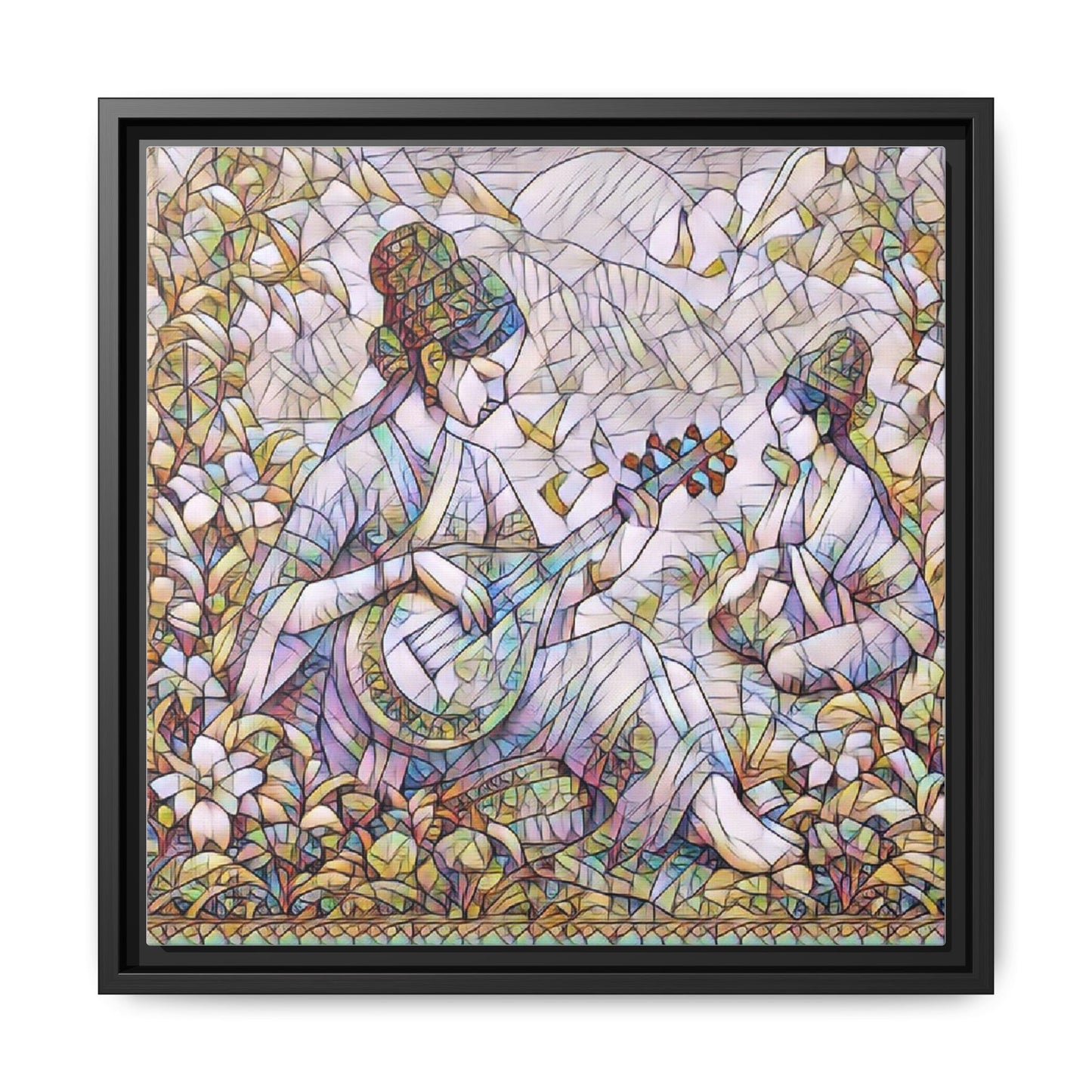 Framed Matte Canvas Art - Vintage Asian Musicians Floral Illustration