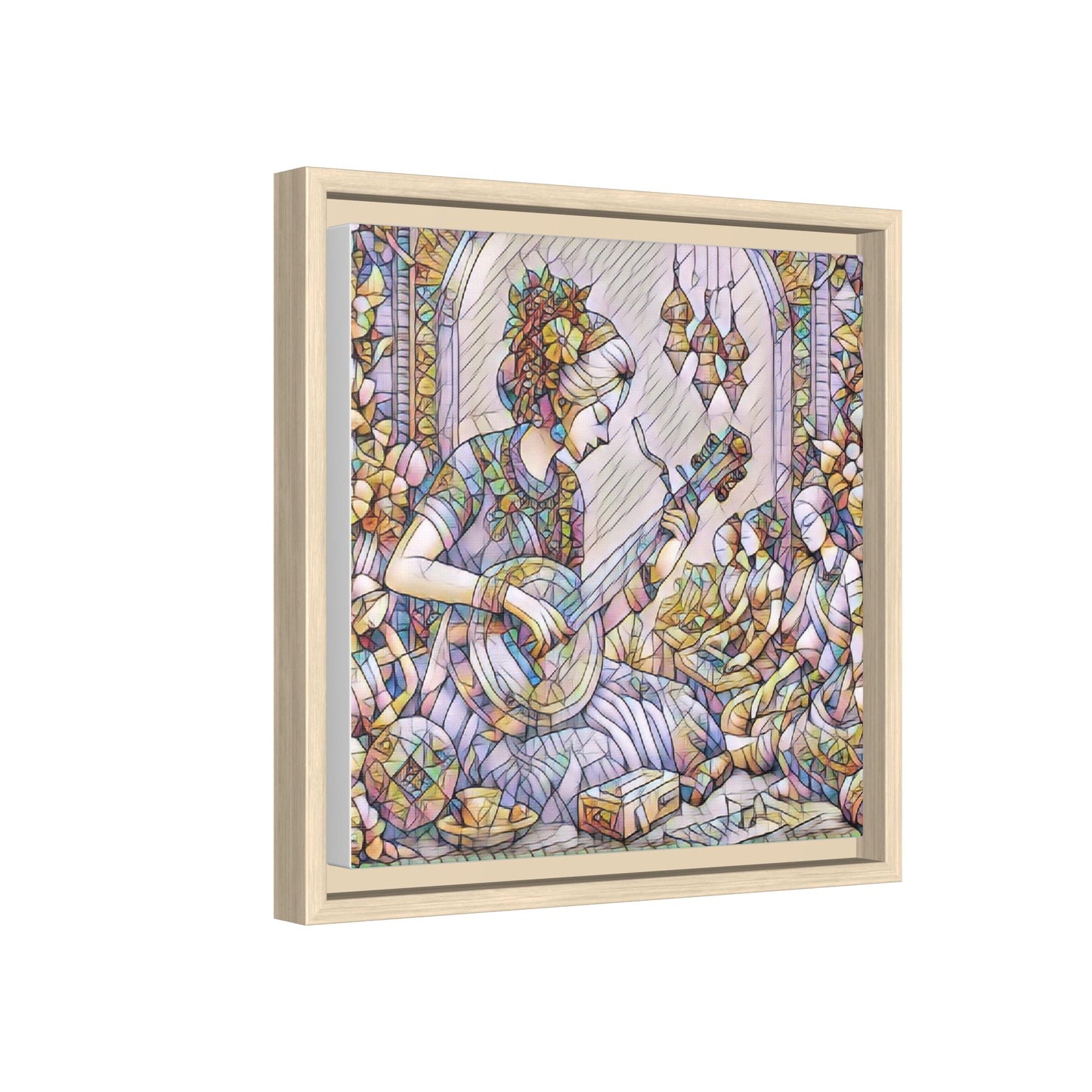 Framed Matte Canvas: Bohemian Woman Playing Lute — Stained-Glass Style Wall Art