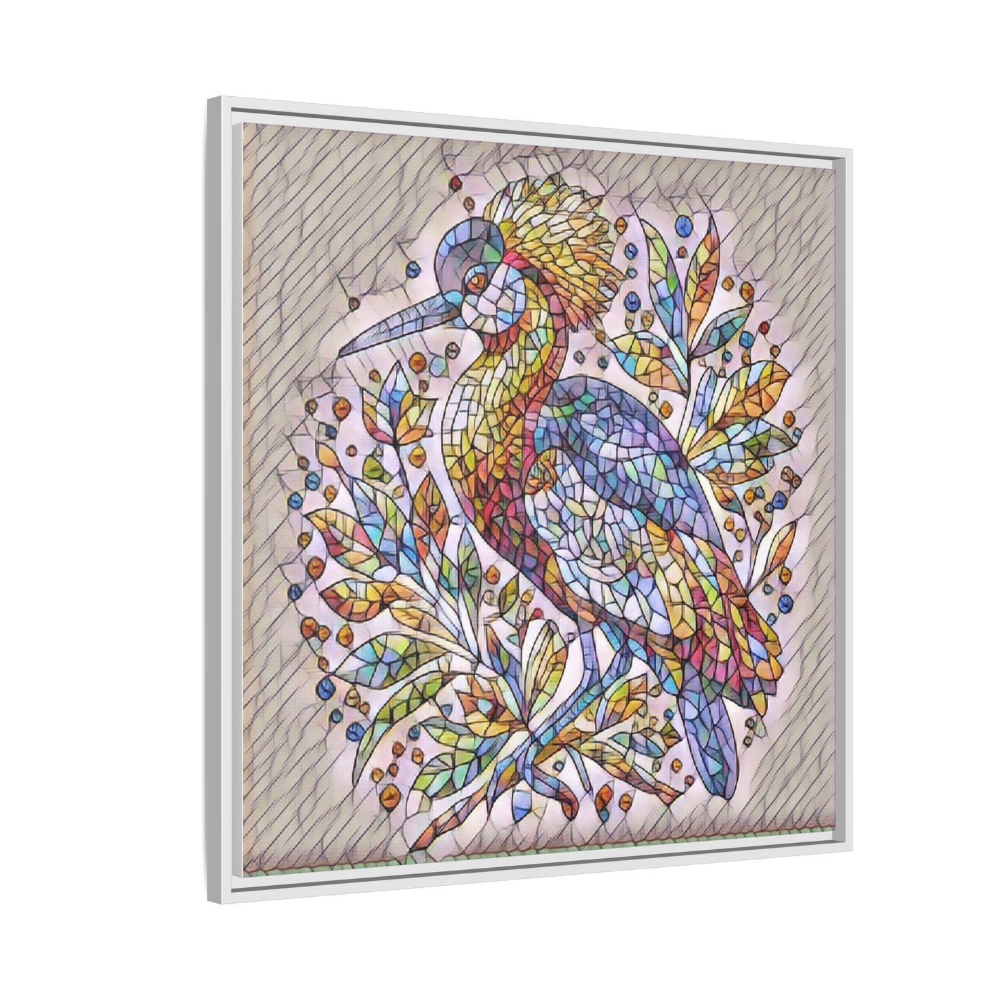 Colorful Stained-Glass Heron — Framed Matte Canvas Wall Art