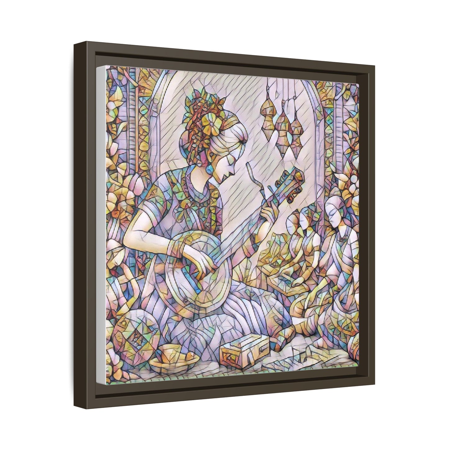 Framed Matte Canvas: Bohemian Woman Playing Lute — Stained-Glass Style Wall Art