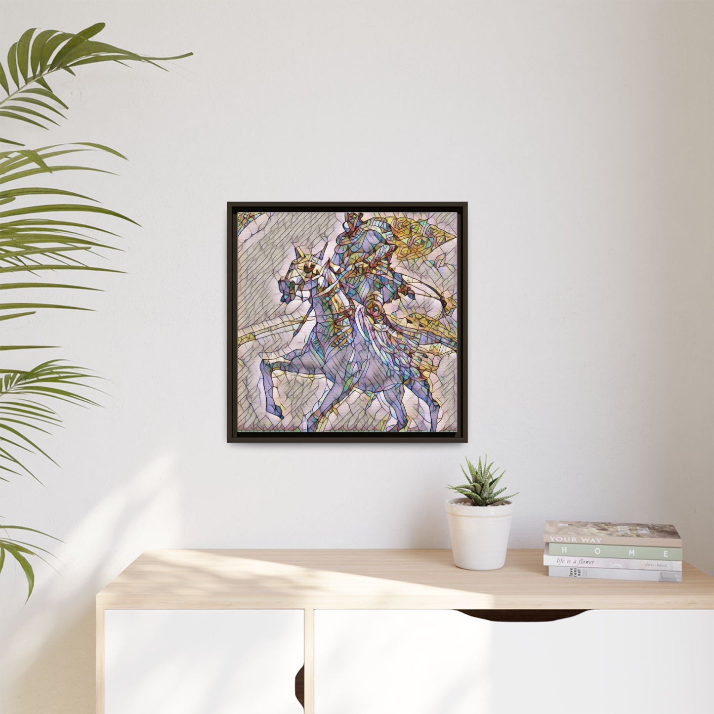 Framed Matte Canvas Art — Stained Glass Knight on Horse Fantasy Wall Decor