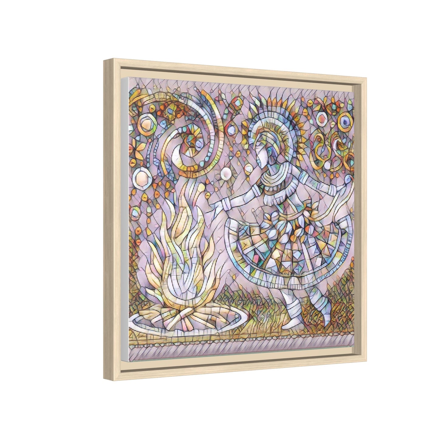 Bohemian Fire Dancer Framed Canvas Art — Colorful Folk Mosaic Wall Decor