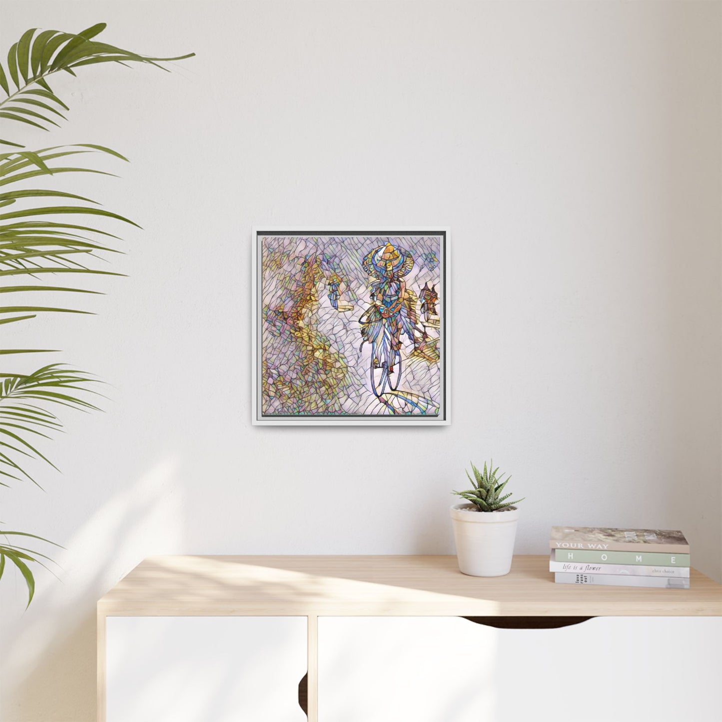 Abstract Cyclist Stained-Glass Art Print — Framed Matte Canvas