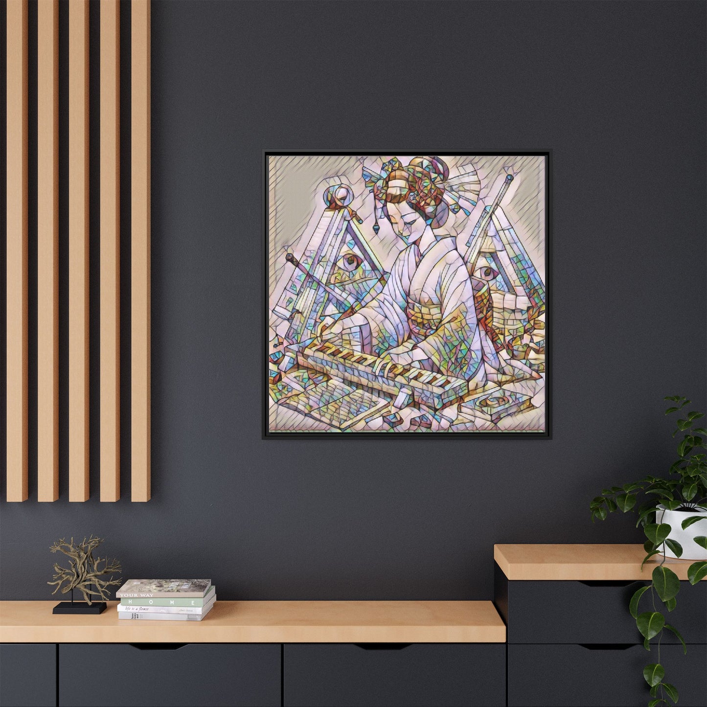 Framed Matte Canvas: Stained-Glass Geisha Wall Art