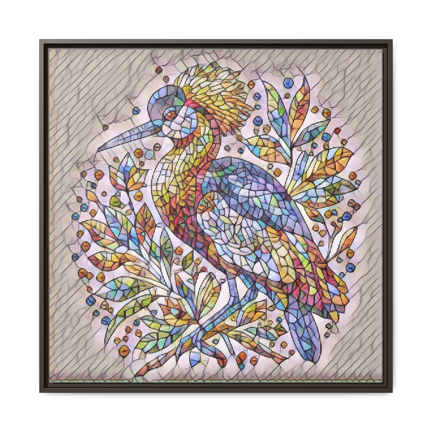 Colorful Stained-Glass Heron — Framed Matte Canvas Wall Art