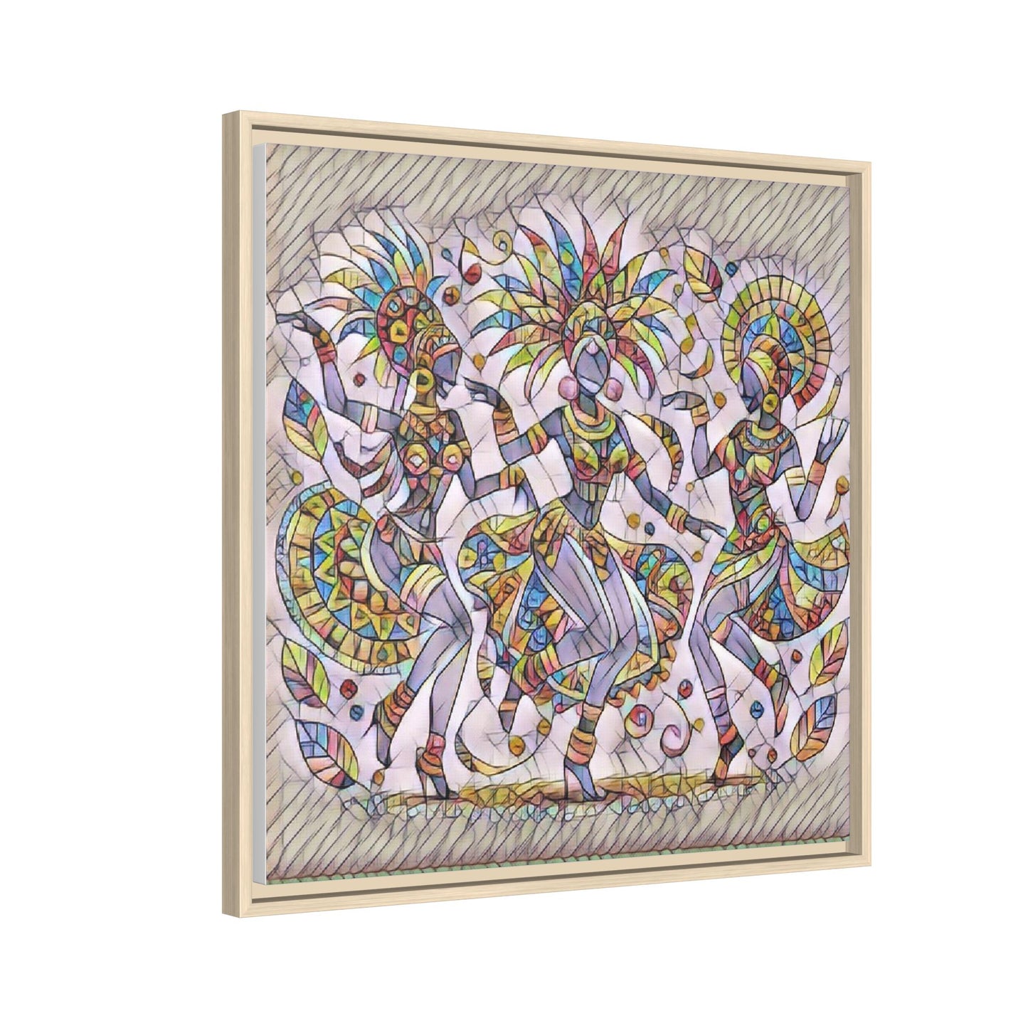 Colorful Carnival Dancers Framed Canvas Art — Multicolor Tribal Celebration Print