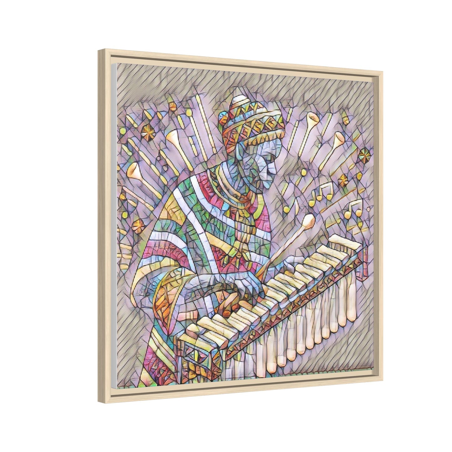 Colorful Marimba Musician Matte Framed Canvas — Vibrant African Instrument Wall Art