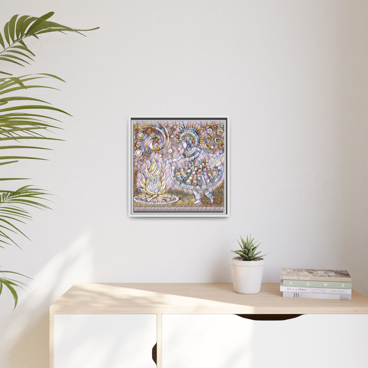 Bohemian Fire Dancer Framed Canvas Art — Colorful Folk Mosaic Wall Decor