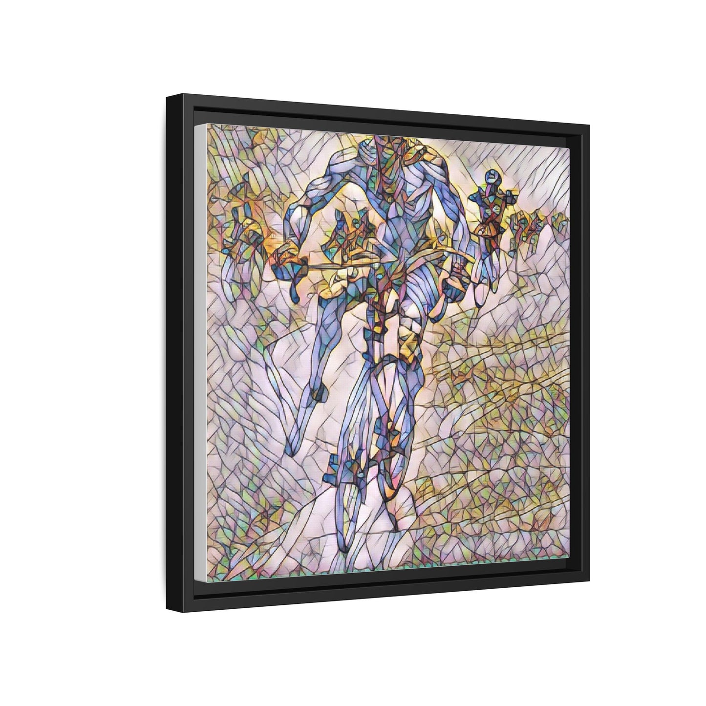 Abstract Cyclist Matte Canvas Framed Art — Colorful Stained-Glass Bike Print