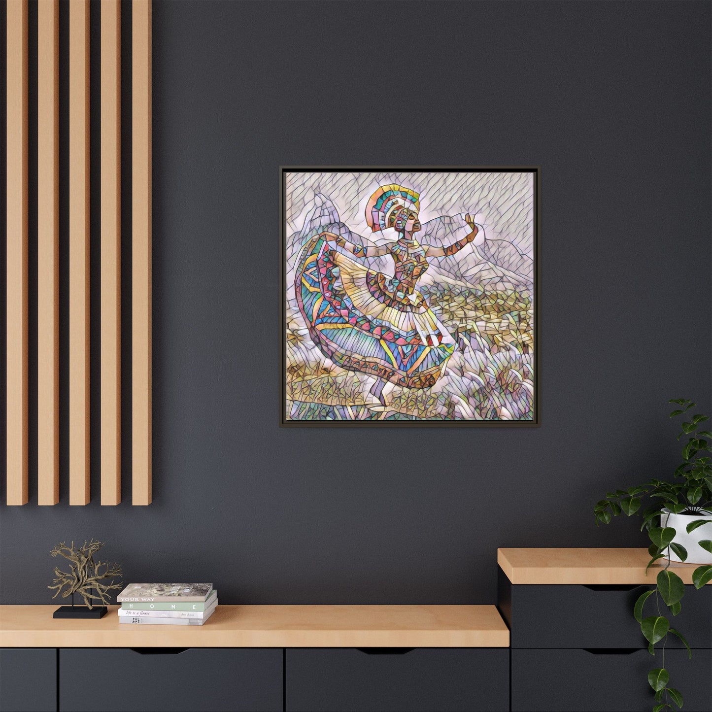 Ballerina Mosaic Framed Canvas Print — Colorful Ethnic Dance Wall Art