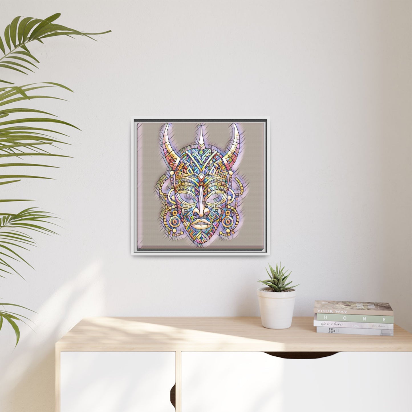 Colorful Tribal Mask Framed Canvas Art — Abstract Ethnic Wall Decor