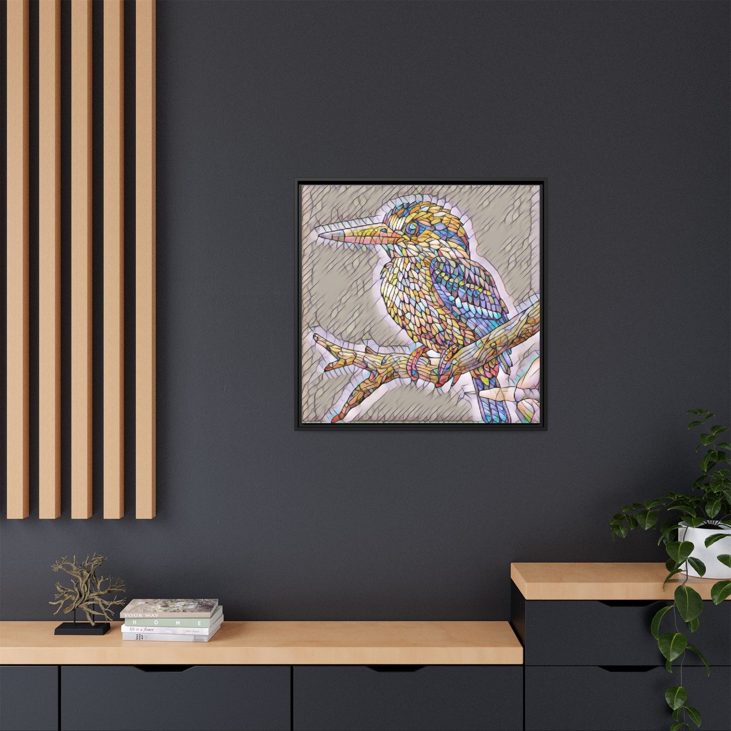 Colorful Kingfisher Framed Canvas Wall Art — Stained-Glass Style Bird Print