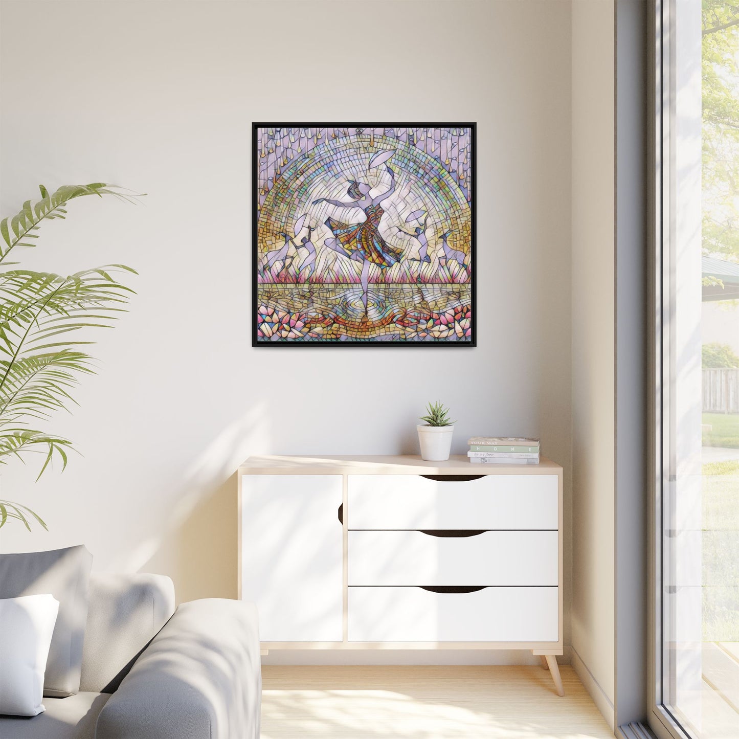 Stained Glass Ballerina Framed Canvas Art — Dancer Mosaic Wall Decor