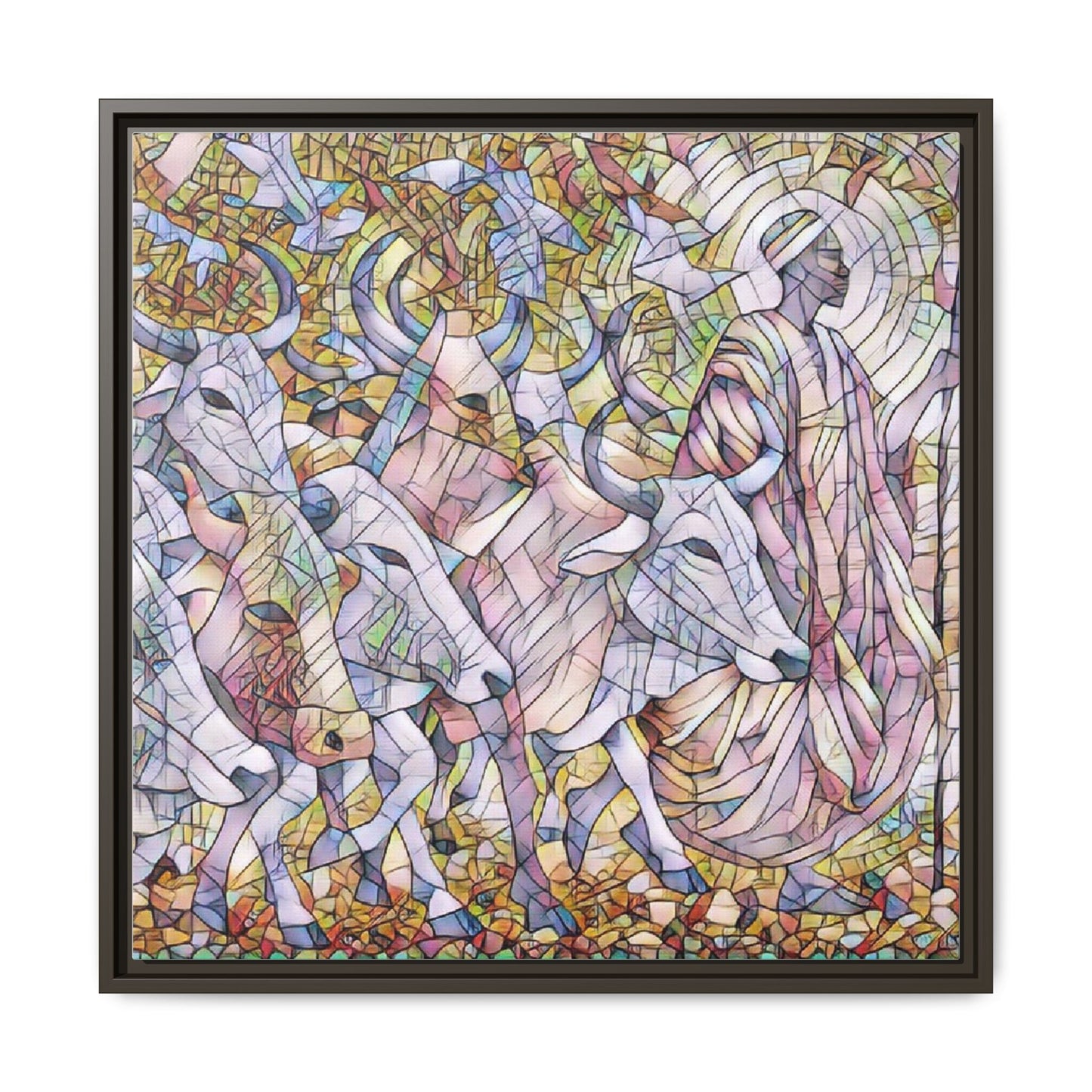 Framed Matte Canvas Art — Stained-Glass Style Cattle Herd