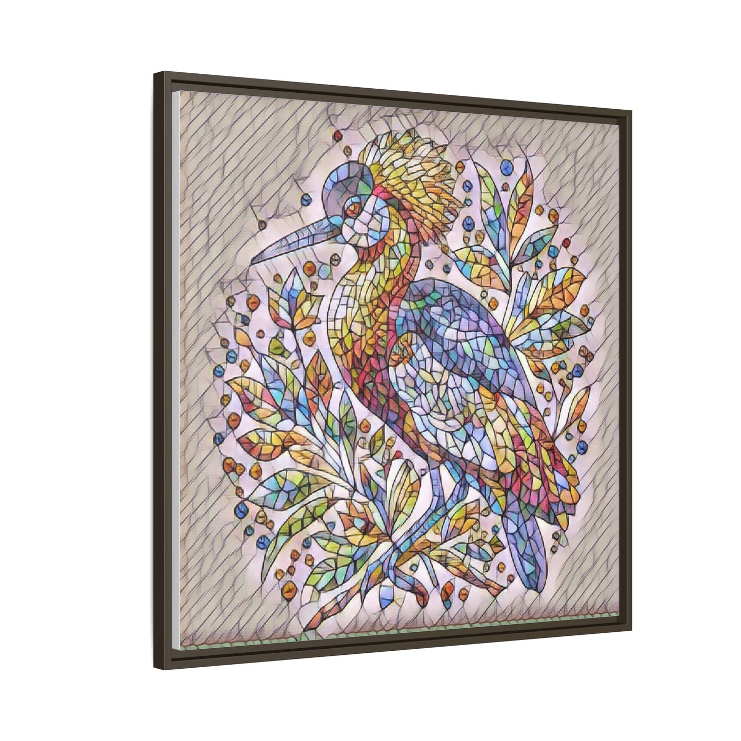 Colorful Stained-Glass Heron — Framed Matte Canvas Wall Art