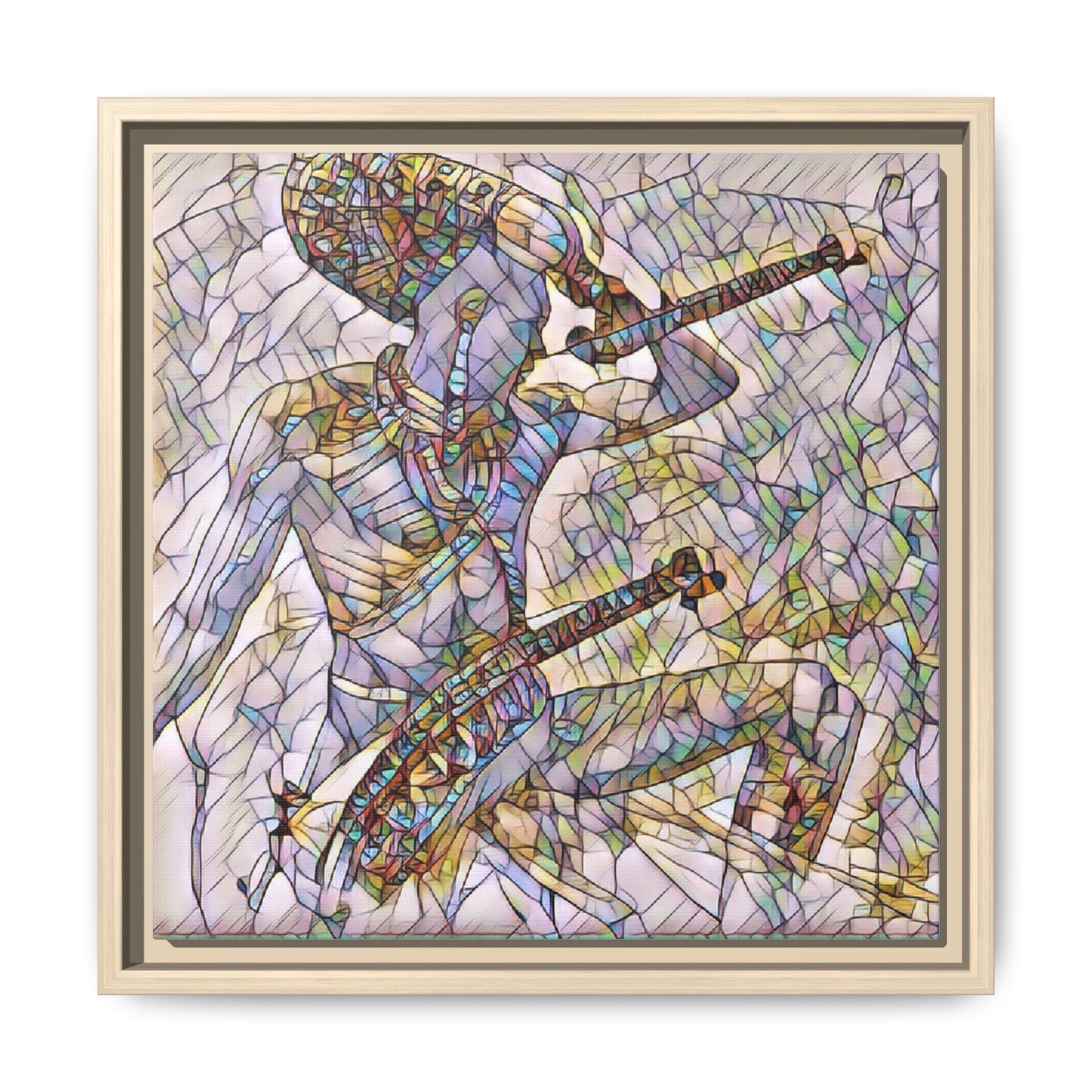 Stained Glass Blue Musician — Framed Matte Canvas Art