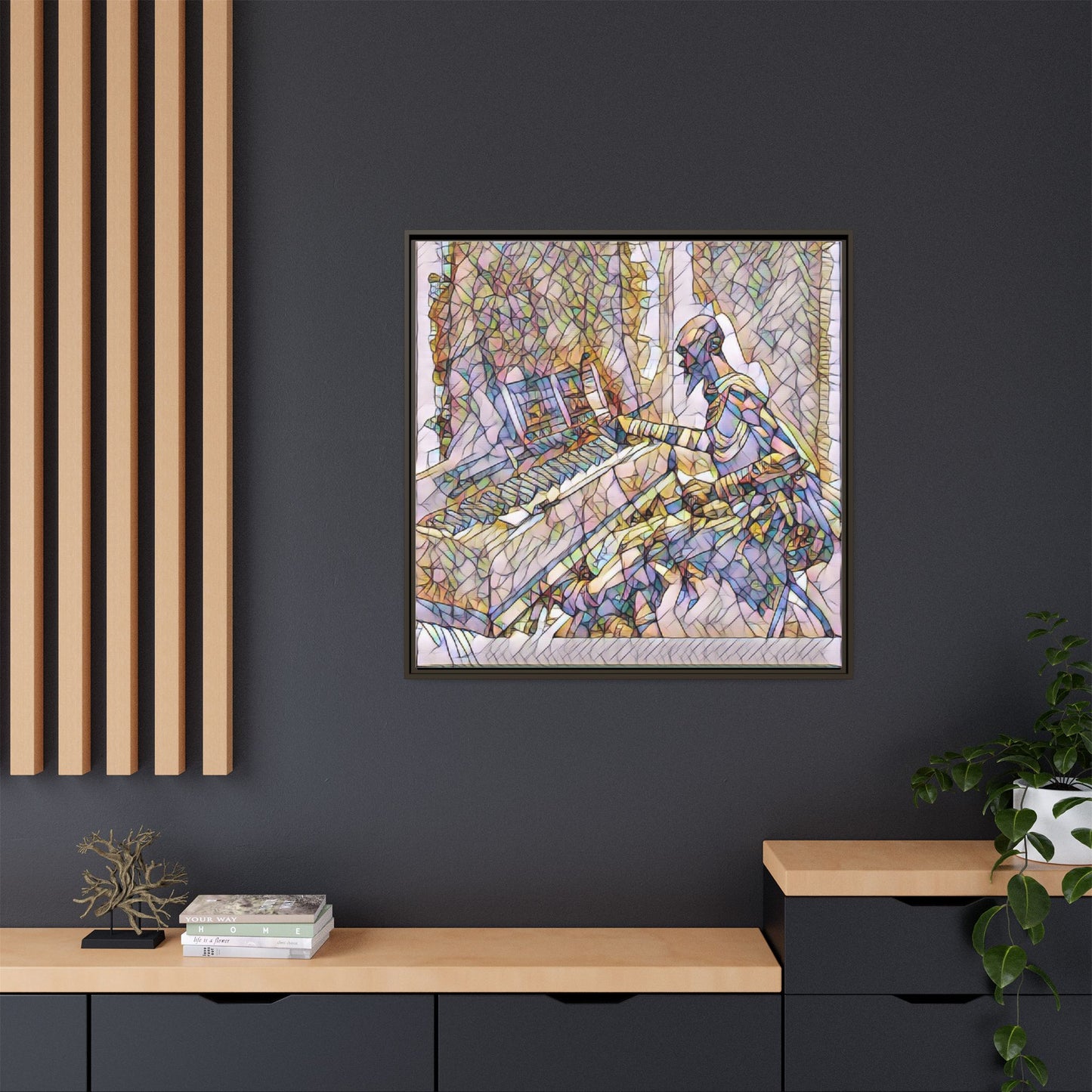 Framed Matte Canvas Art — Colorful Abstract Musician at Piano