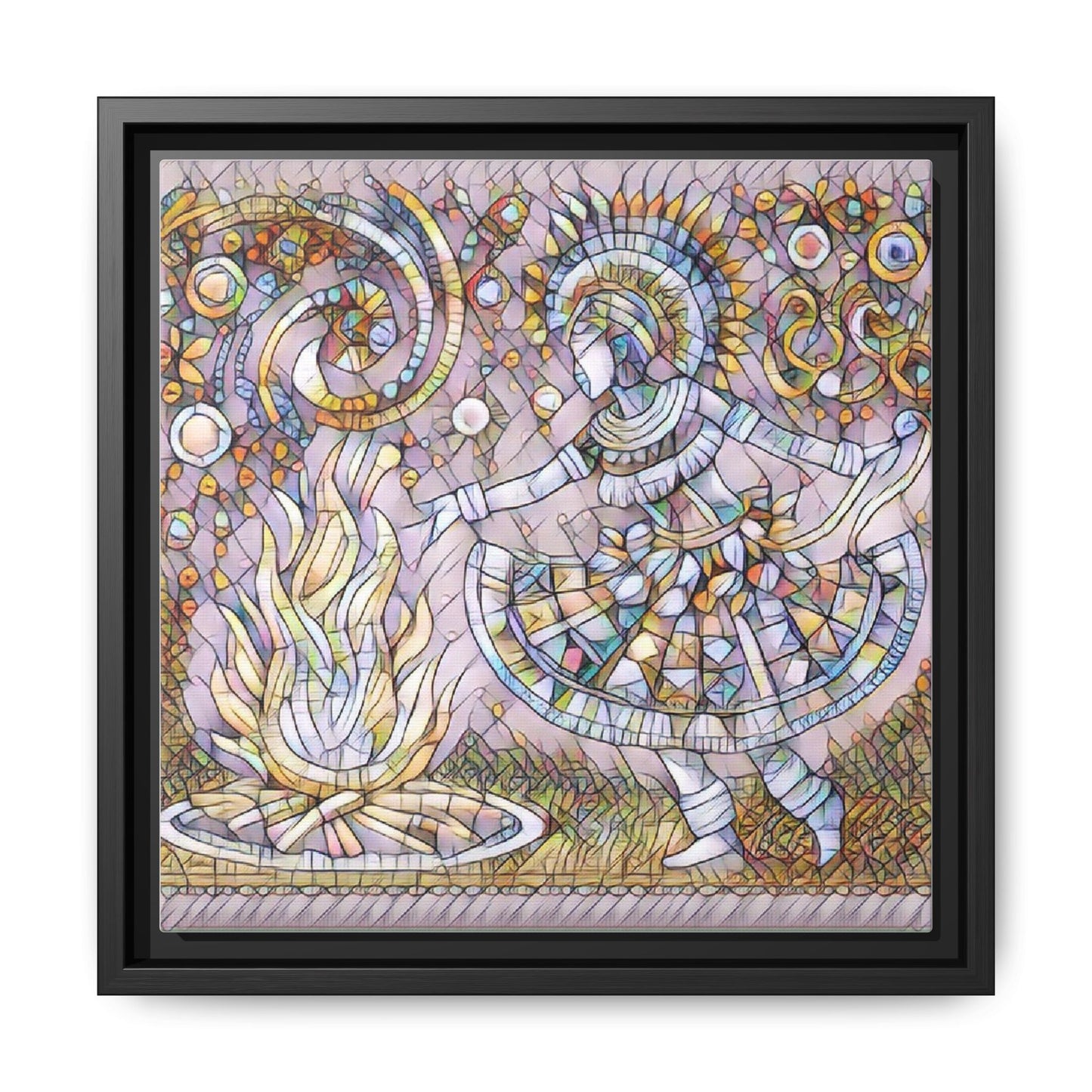 Bohemian Fire Dancer Framed Canvas Art — Colorful Folk Mosaic Wall Decor