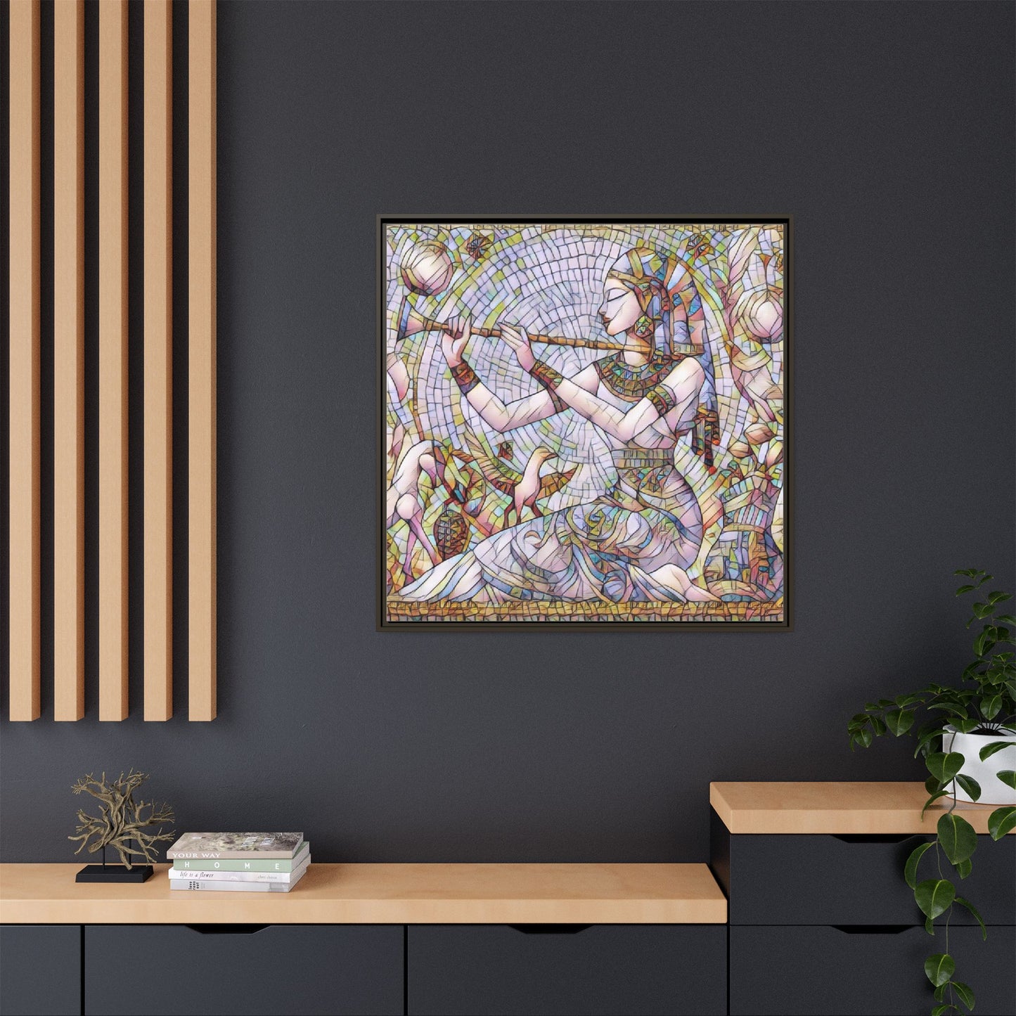 Egyptian Flute Player Framed Canvas Art — Colorful Mosaic Wall Decor