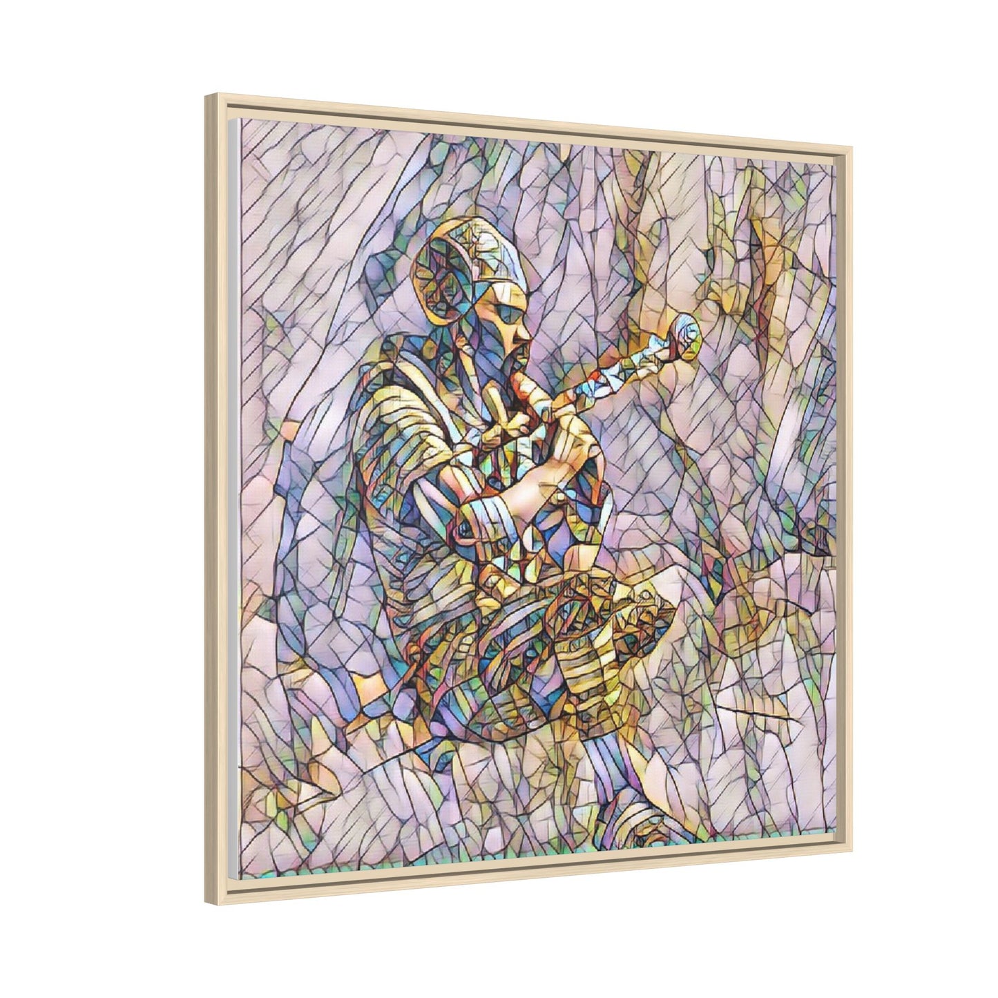 Celtic Piper Framed Matte Canvas — Stained-Glass Style Highland Bagpiper Art
