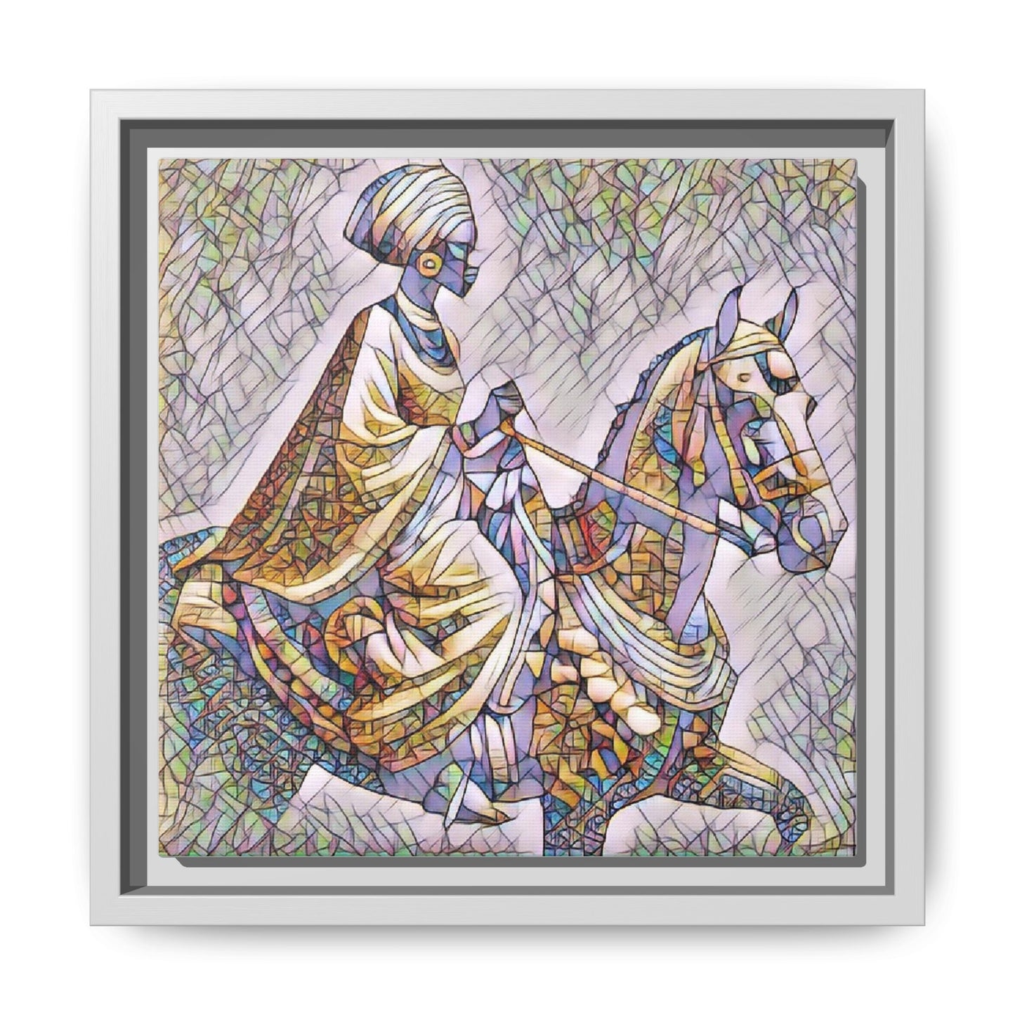 Mosaic Rider Framed Canvas Art — African Horsewoman Wall Decor