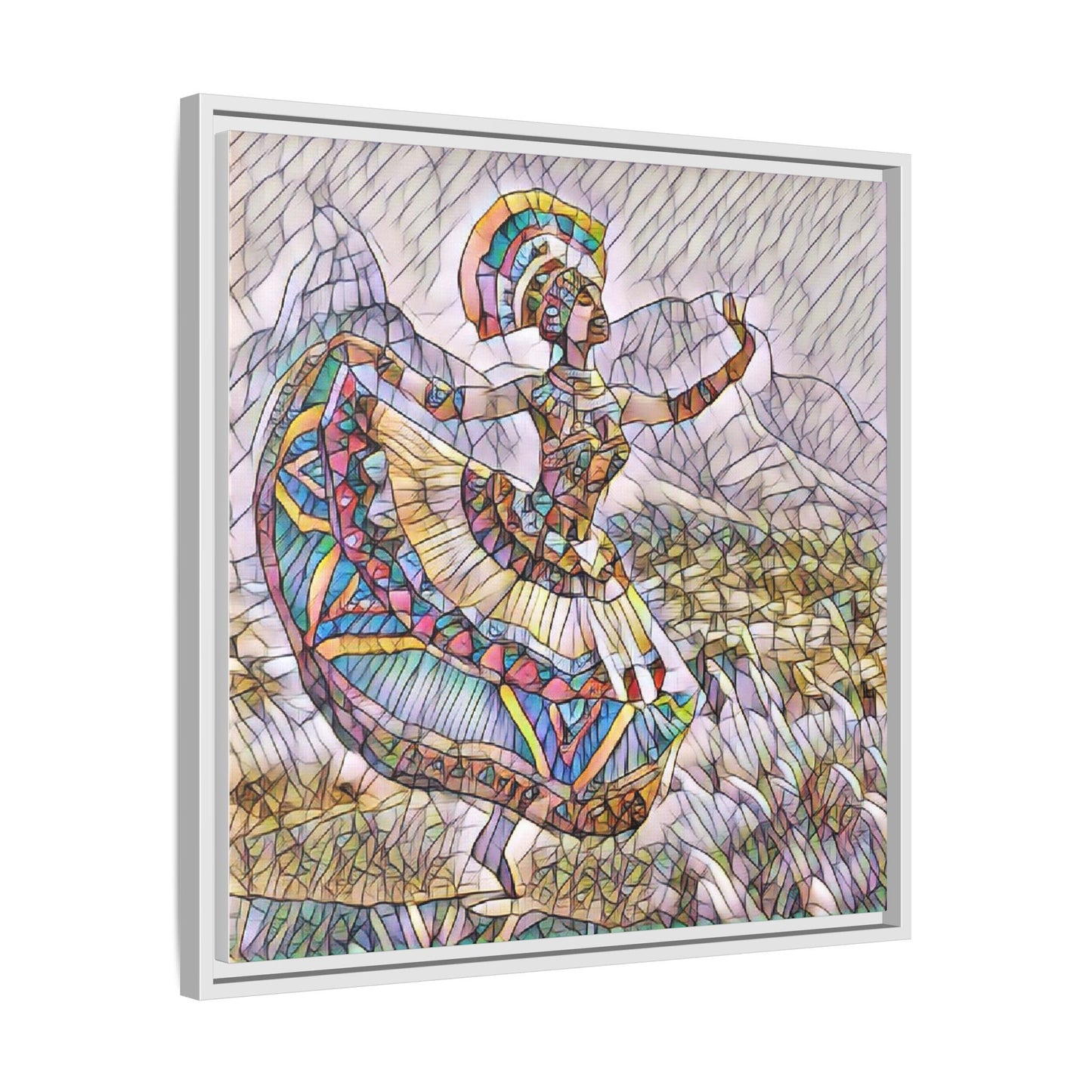 Ballerina Mosaic Framed Canvas Print — Colorful Ethnic Dance Wall Art