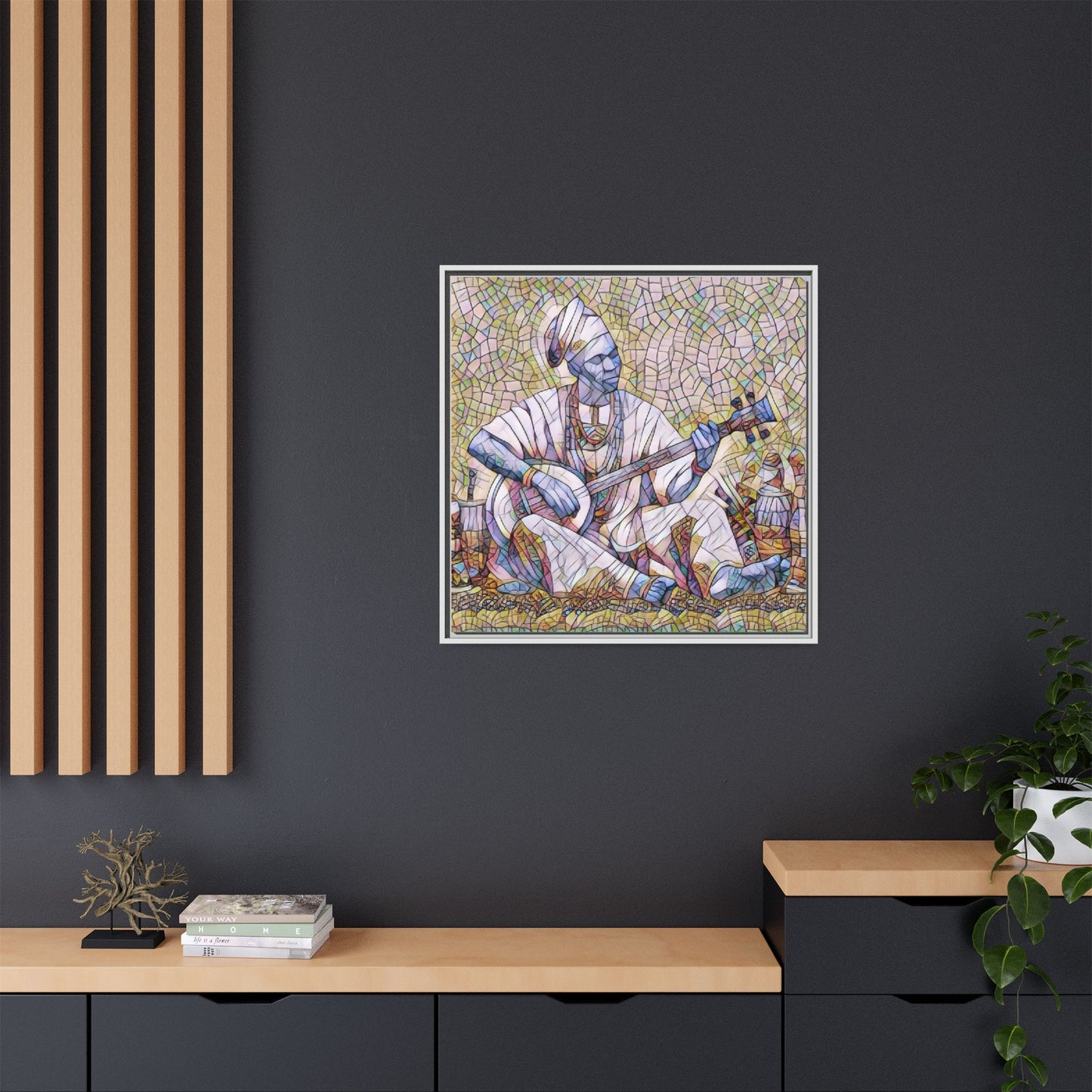 Framed Mosaic Musician Canvas Art — African Griot with Kora