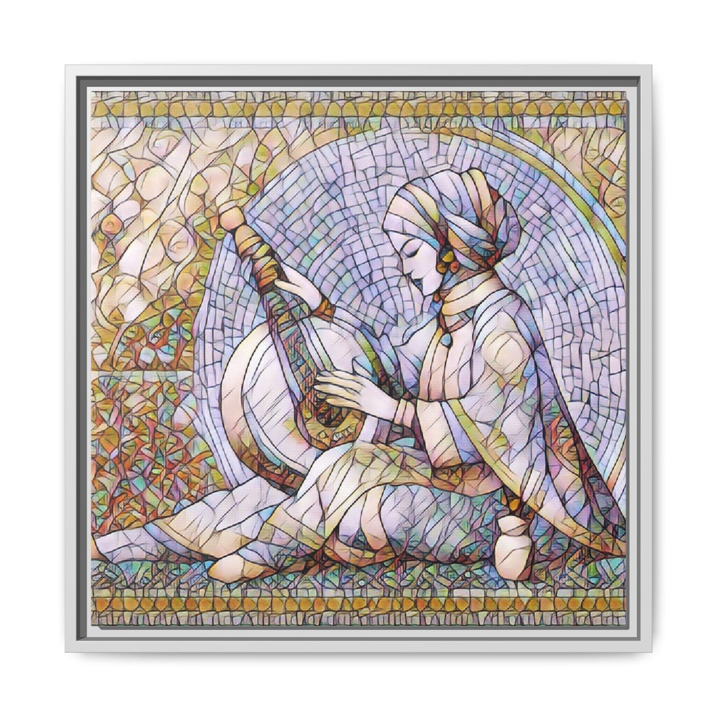 Framed Matte Canvas: Mosaic Lute Player Wall Art — Bohemian Musical Portrait