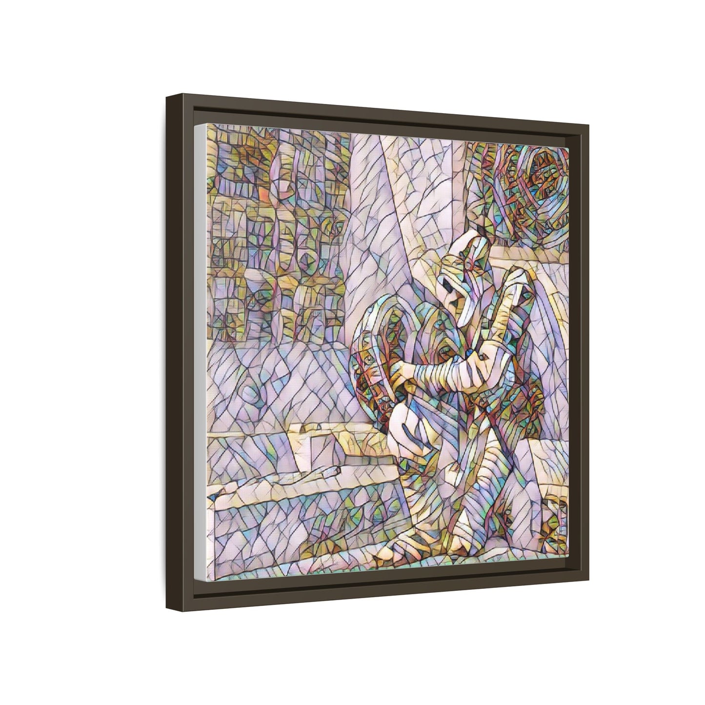 Framed Matte Canvas Art — Colorful Stained-Glass Astronaut Embrace