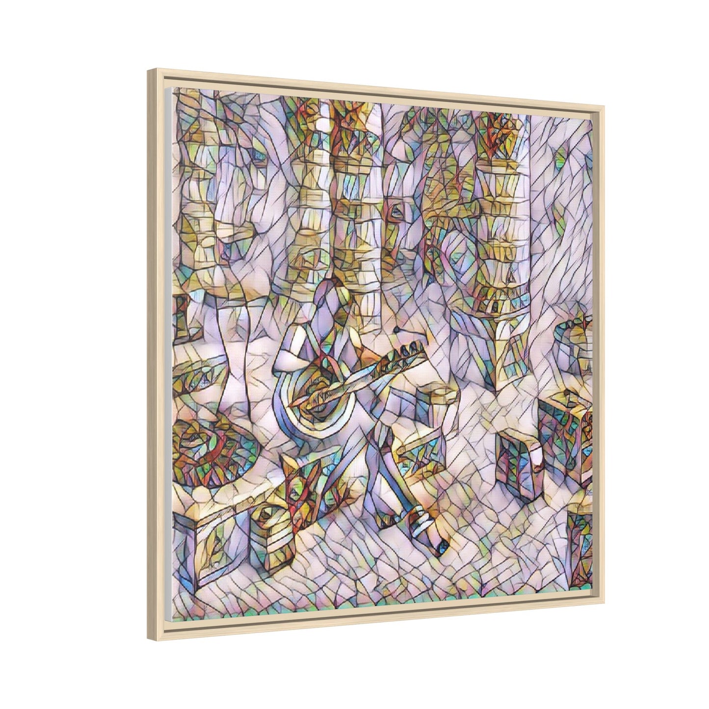Framed Matte Canvas Art - Abstract Guitarist in Colorful Mosaic