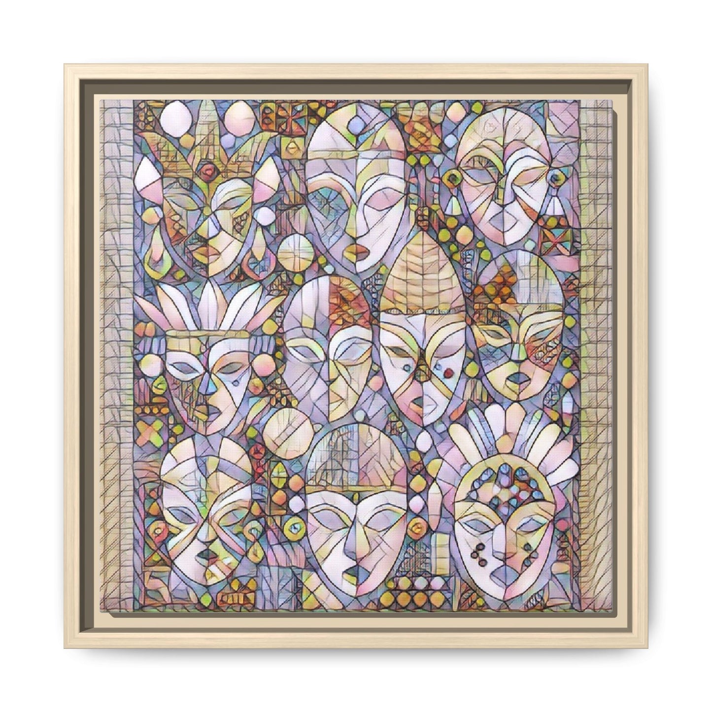 Framed Abstract Mask Art Canvas — Multicolor Stained-Glass Faces Wall Decor