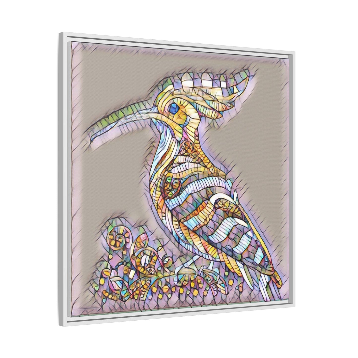 Colorful Mosaic Bird Framed Canvas Art — Whimsical Hoopoe Wall Decor