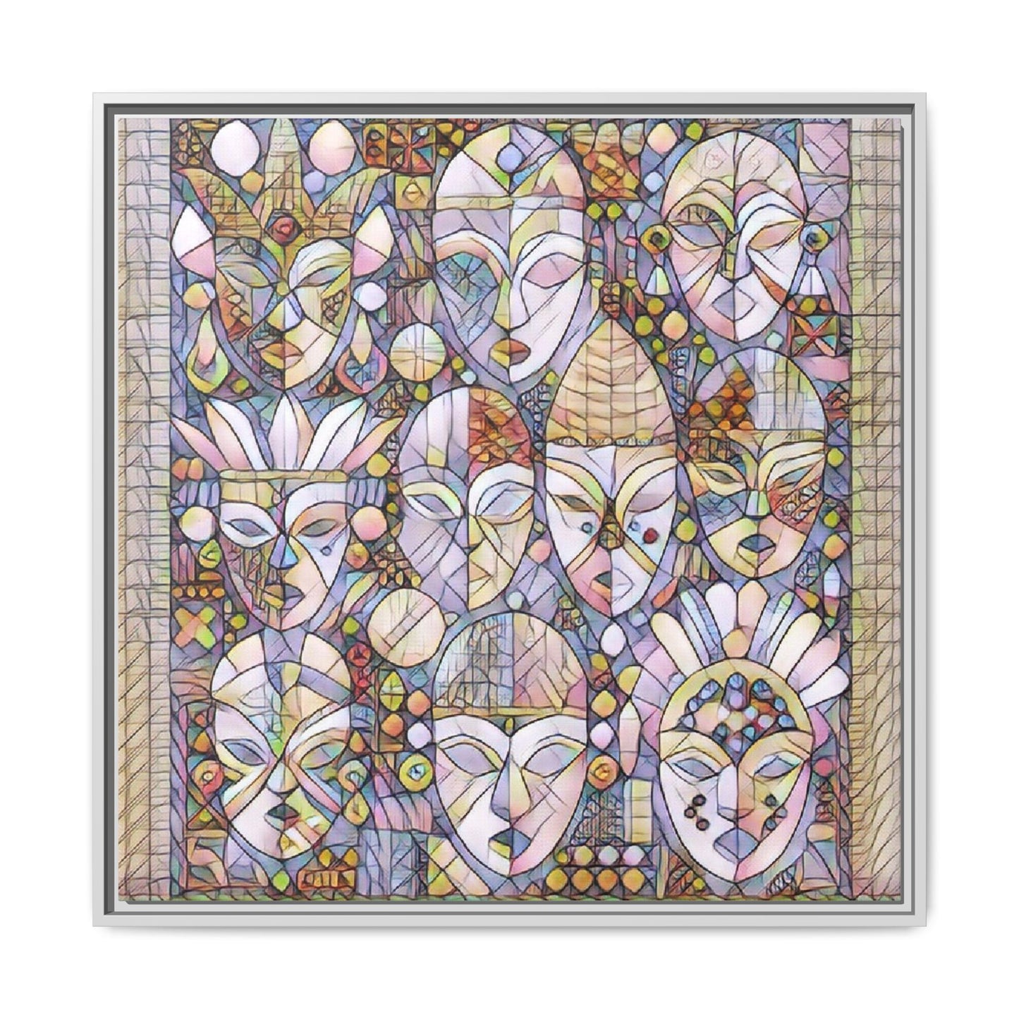 Framed Abstract Mask Art Canvas — Multicolor Stained-Glass Faces Wall Decor