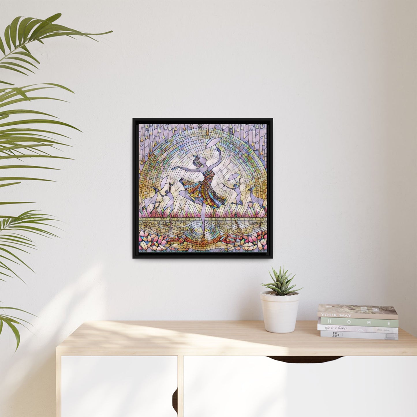 Stained Glass Ballerina Framed Canvas Art — Dancer Mosaic Wall Decor