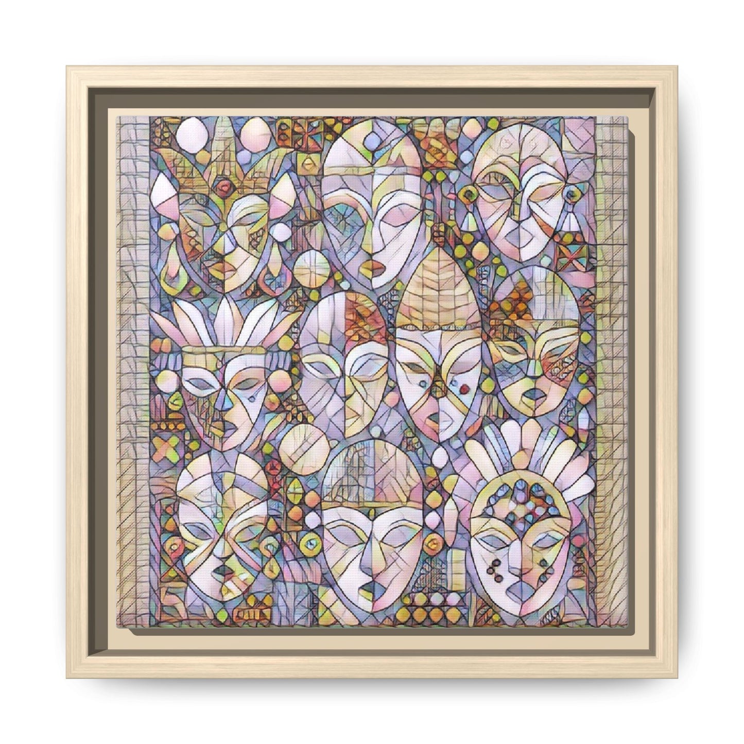 Framed Abstract Mask Art Canvas — Multicolor Stained-Glass Faces Wall Decor