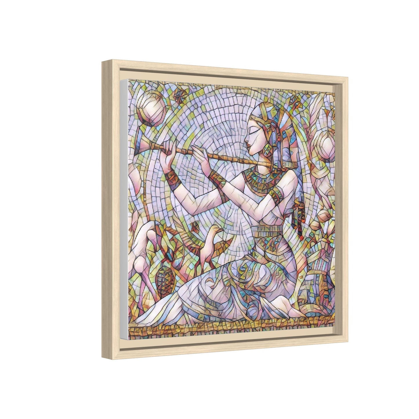 Egyptian Flute Player Framed Canvas Art — Colorful Mosaic Wall Decor